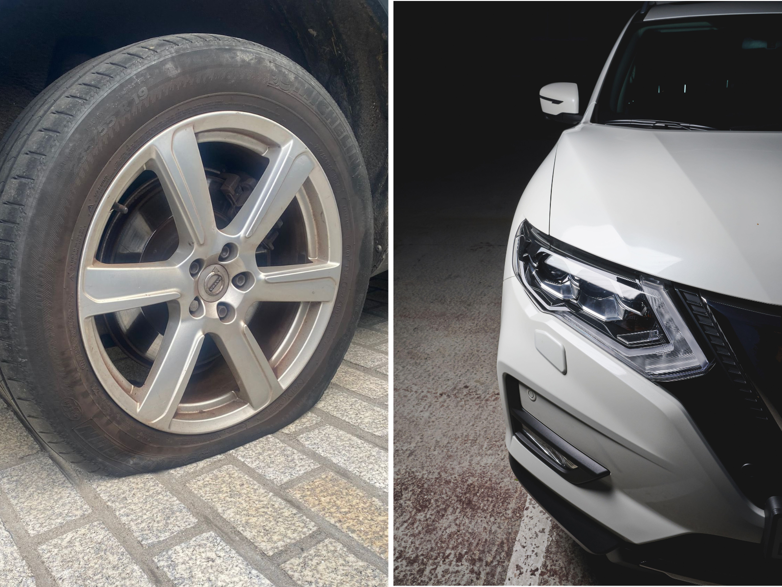 A split-screen of a slashed tyre and an SUV.