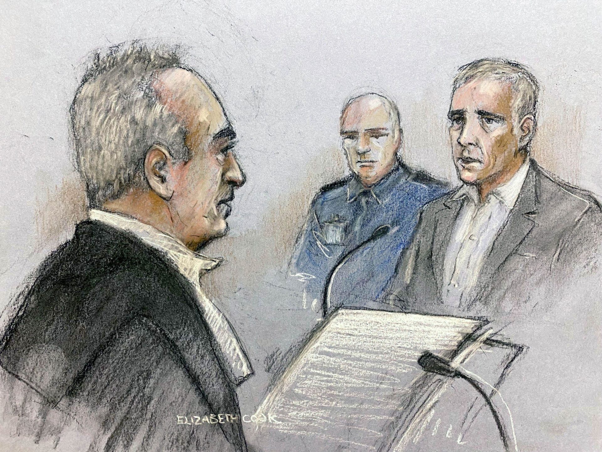 Court artist sketch by Elizabeth Cook of former Sinn Fein councillor Jonathan Dowdall being cross examined by Mr Hutch's defence barrister, Brendan Grehan SC during the trial at the Special Criminal Court, Dublin, of Gerry "The Monk" Hutch for the murder of David Byrne at a hotel in Dublin in 2016