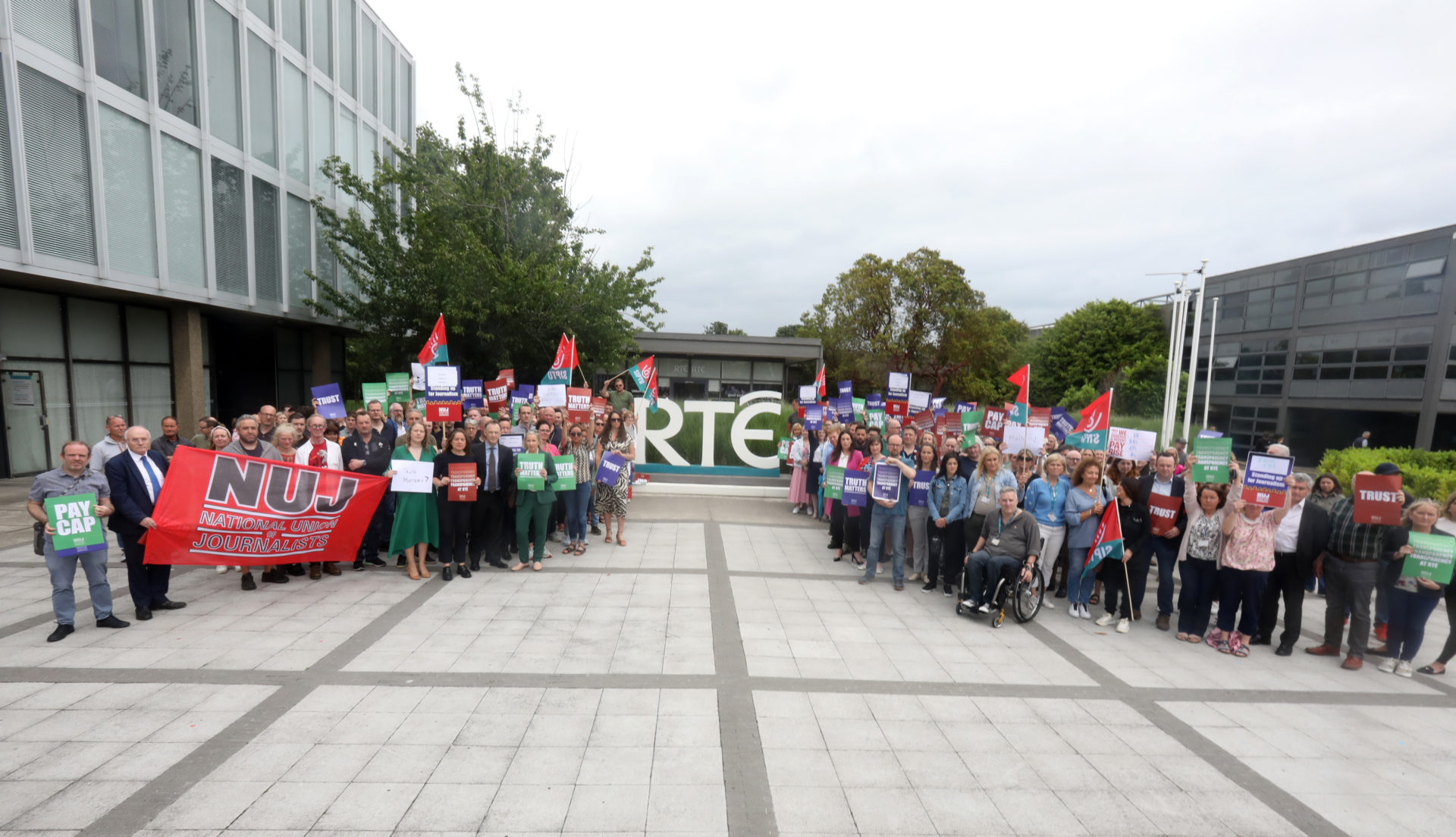 Members of the NUJ union protesting at RTÉ studios in Dublin over Ryan Tubridy's financial arrangements and money payments.
