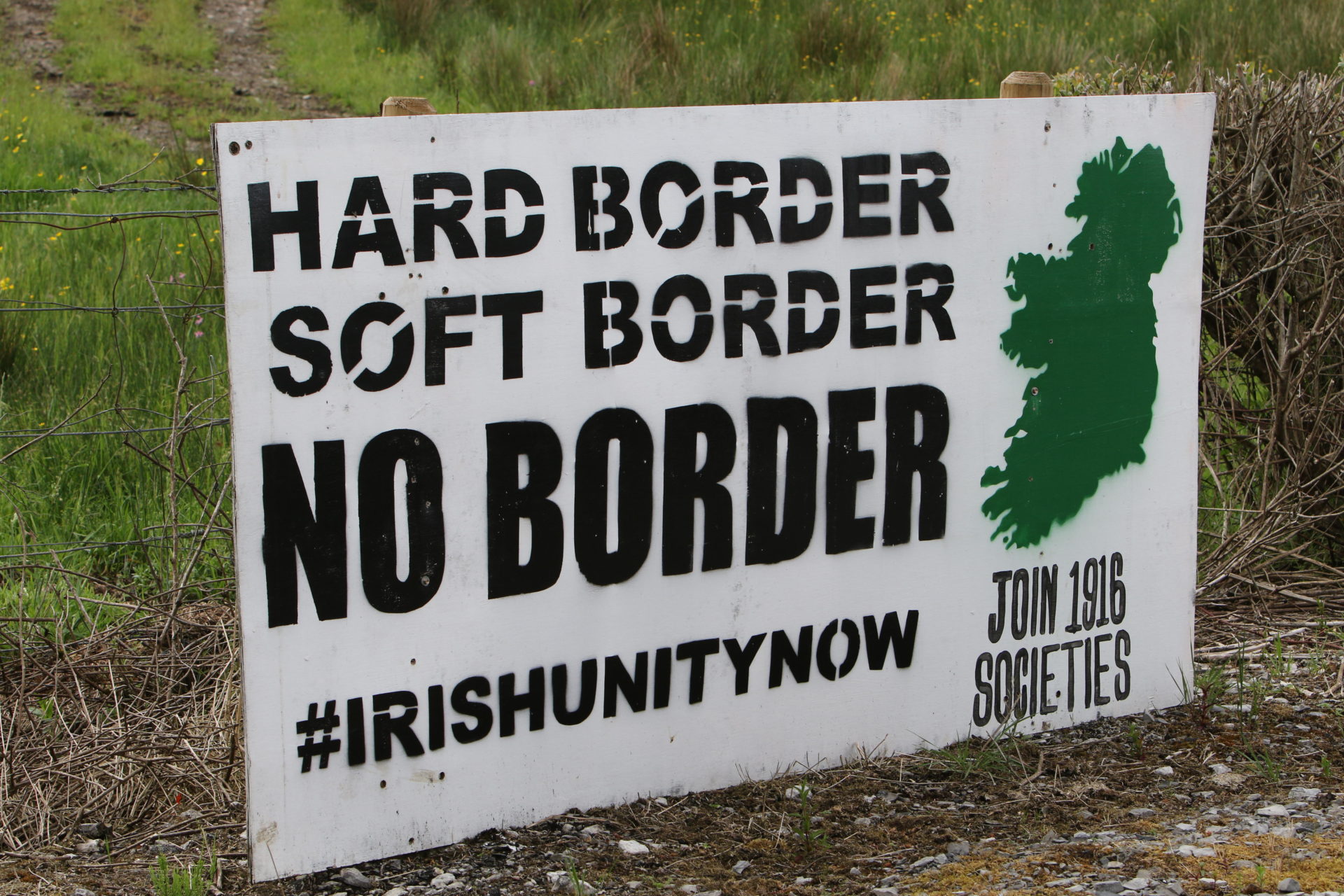 P4862K Ireland, UK, 2 June 2018. Irish Unity Hard Soft No Border sign at edge of road near Irish border and important to ongoing Brexit negotiations.