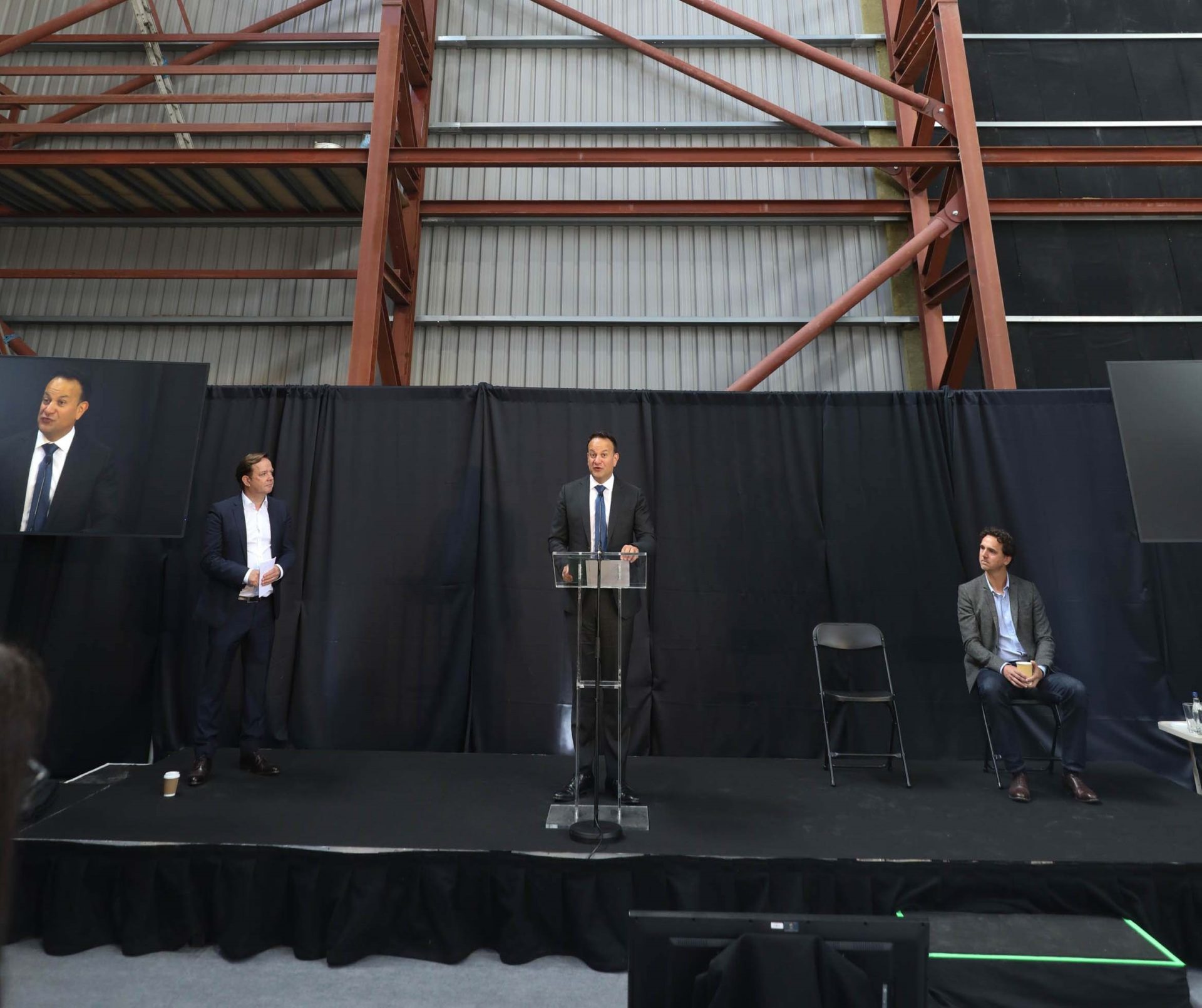 Taoiseach Leo Varadkar (centre) speaking at Ashford Studios in Co Wicklow as Fox Entertainment announced investment of more than €30 million into the Irish audio-visual sector