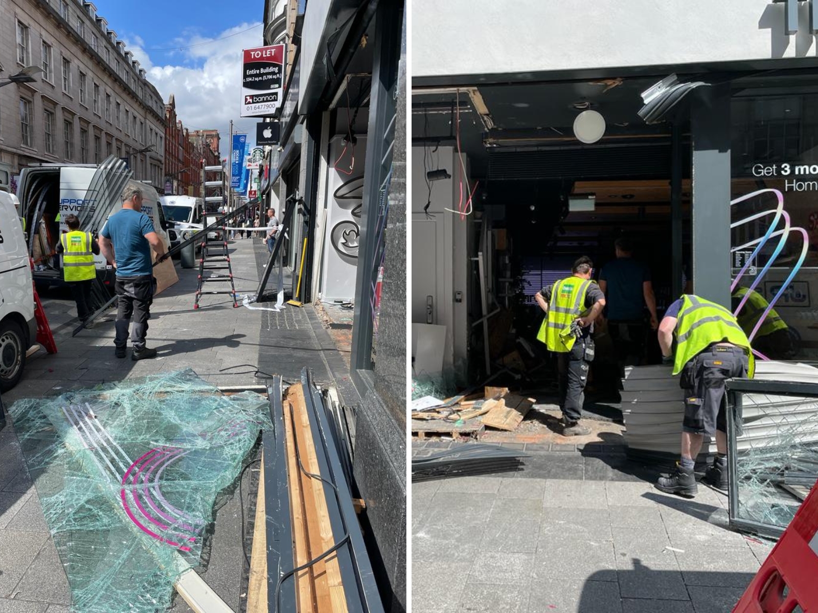 Workers fix the shopfront at the Three Store on Henry Street after it was rammed and burgled overnight