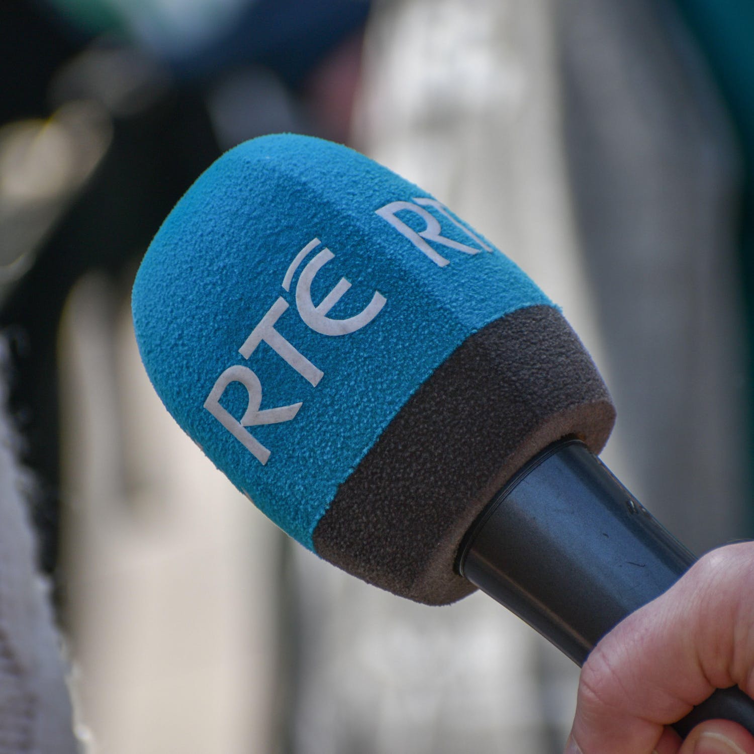An RTÉ logo on a microphone in March 2022