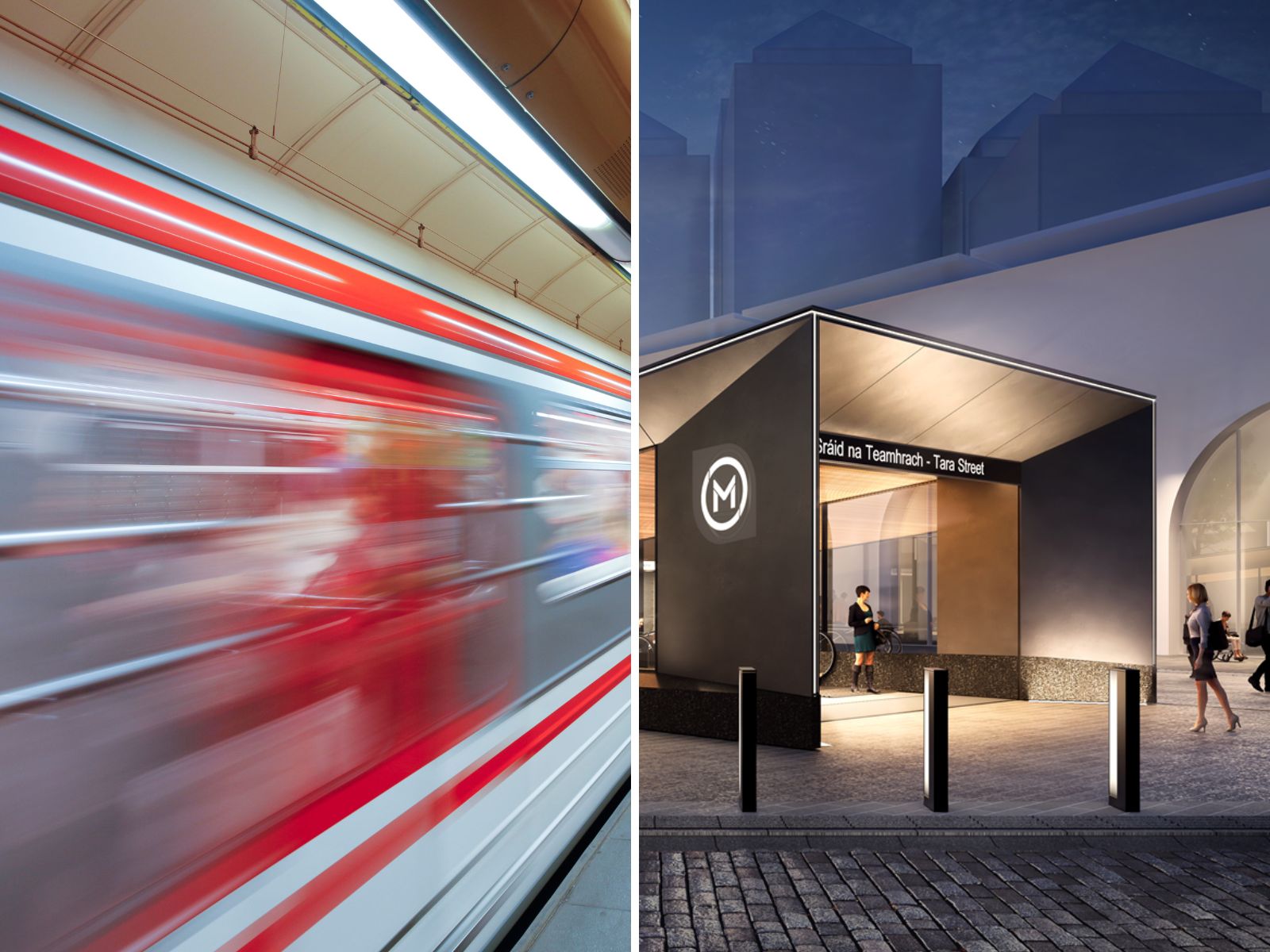Split-screen image shows an underground Metro train and an artist's impression of a MetroLink station in Dublin