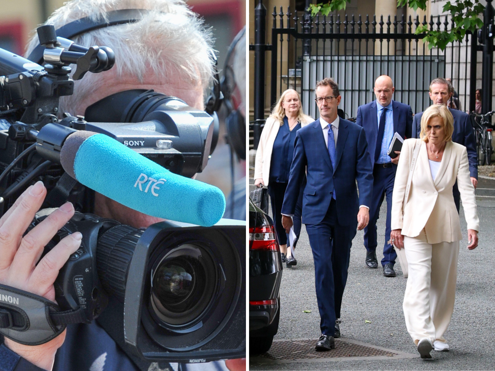 A split-screen of an RTÉ cameraman and RTÉ executives arriving at Leinster House.