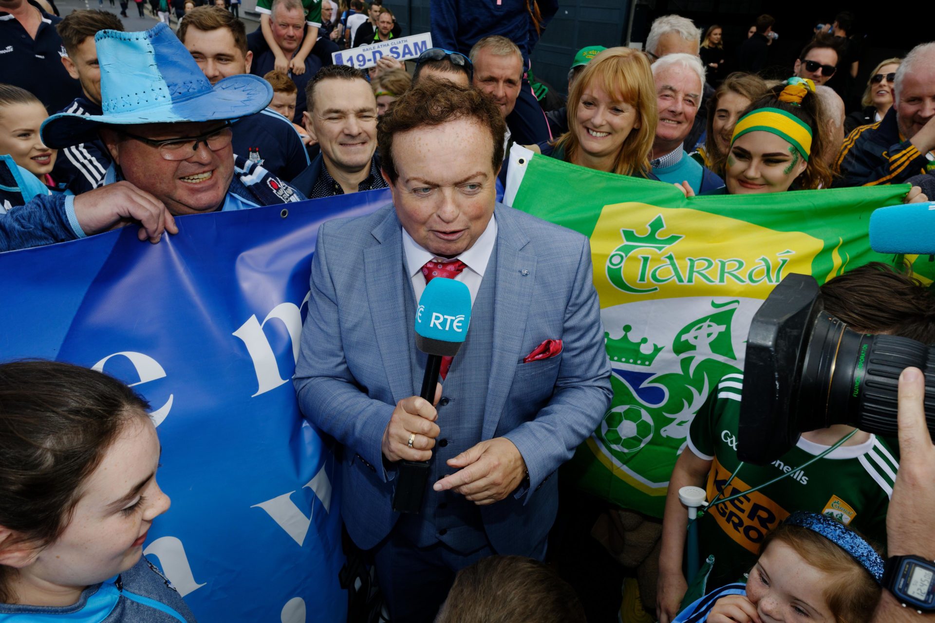 RTE reporter Marty Morrissey reporting from Jones's Road outside Croke Park before the Dublin - Kerry All ireland final.