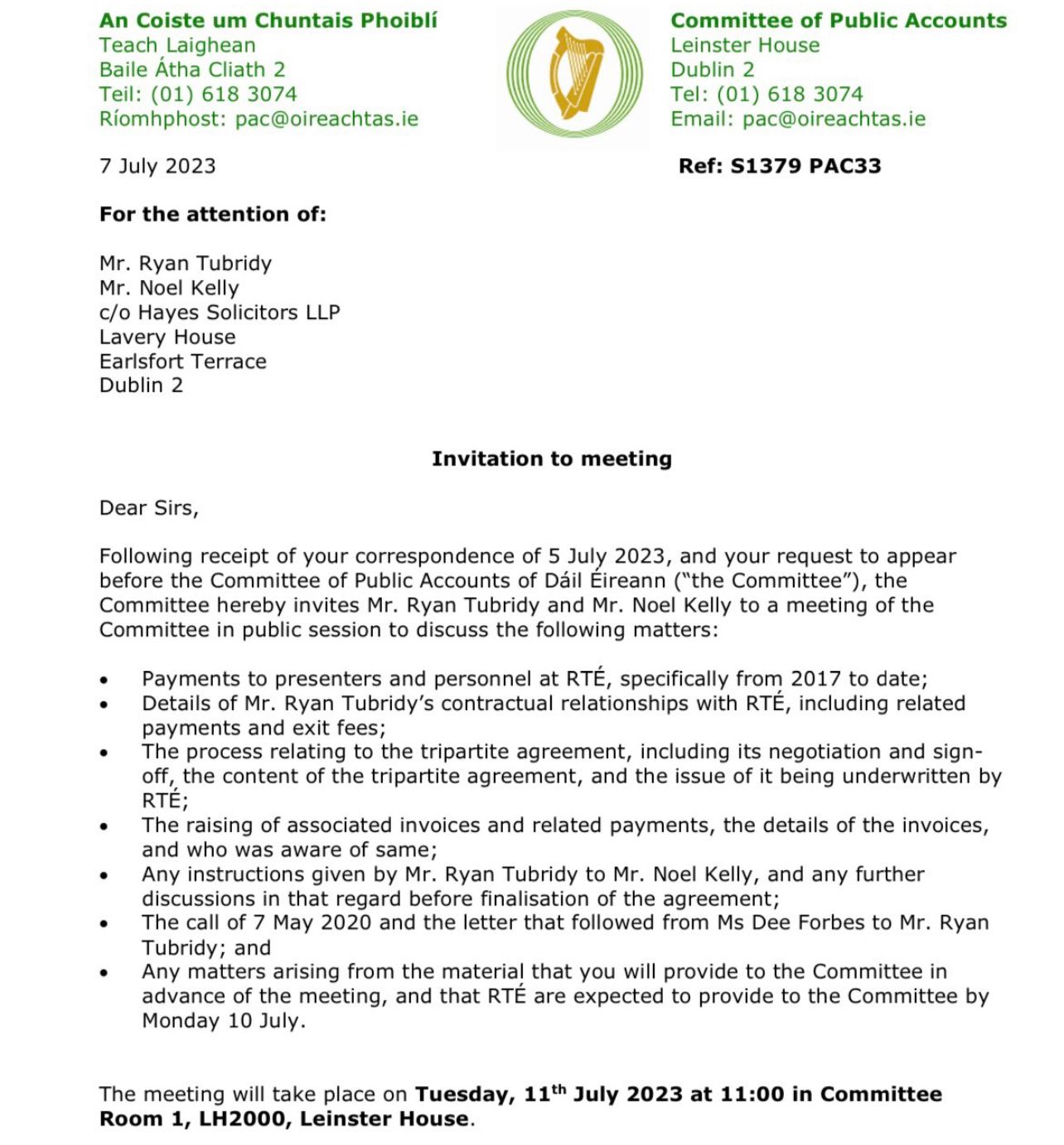 PAC letter for Ryan Tubridy and Noel Kelly