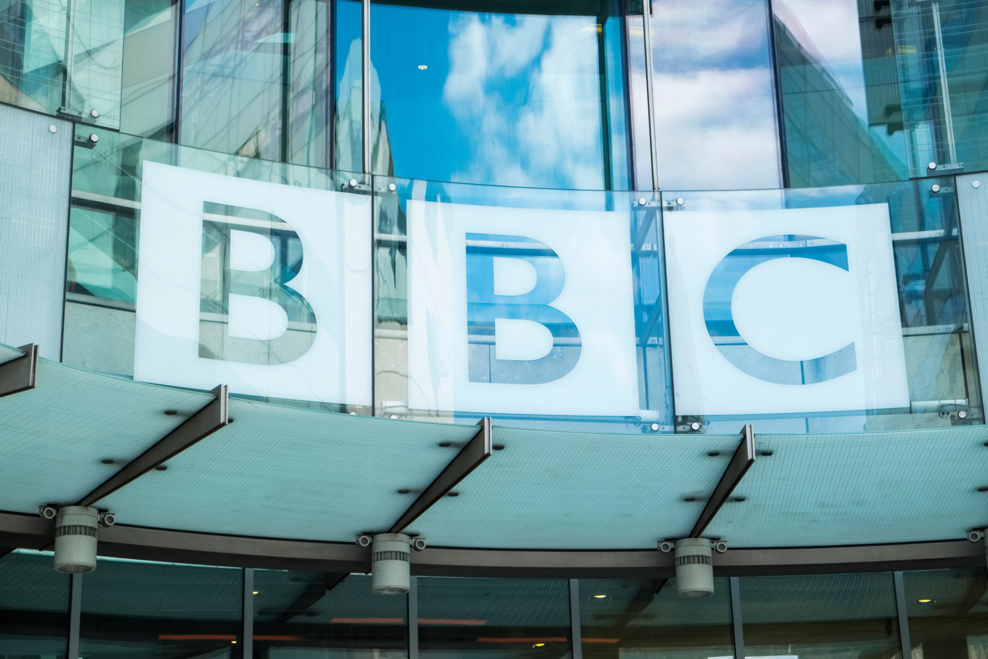 A sign at the BBC's New Broadcasting House in London, England, 11-7-18.