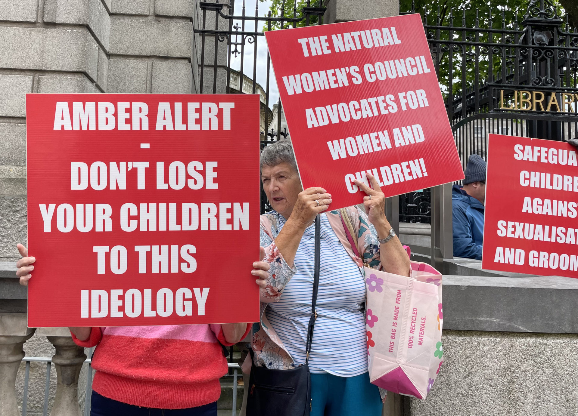 Protest outside the Dáil against the SPHE curriculum, with signs reading "Amber alert - don't lose your children to this ideology" and "The Natural Women's Council advocates for women and children!"