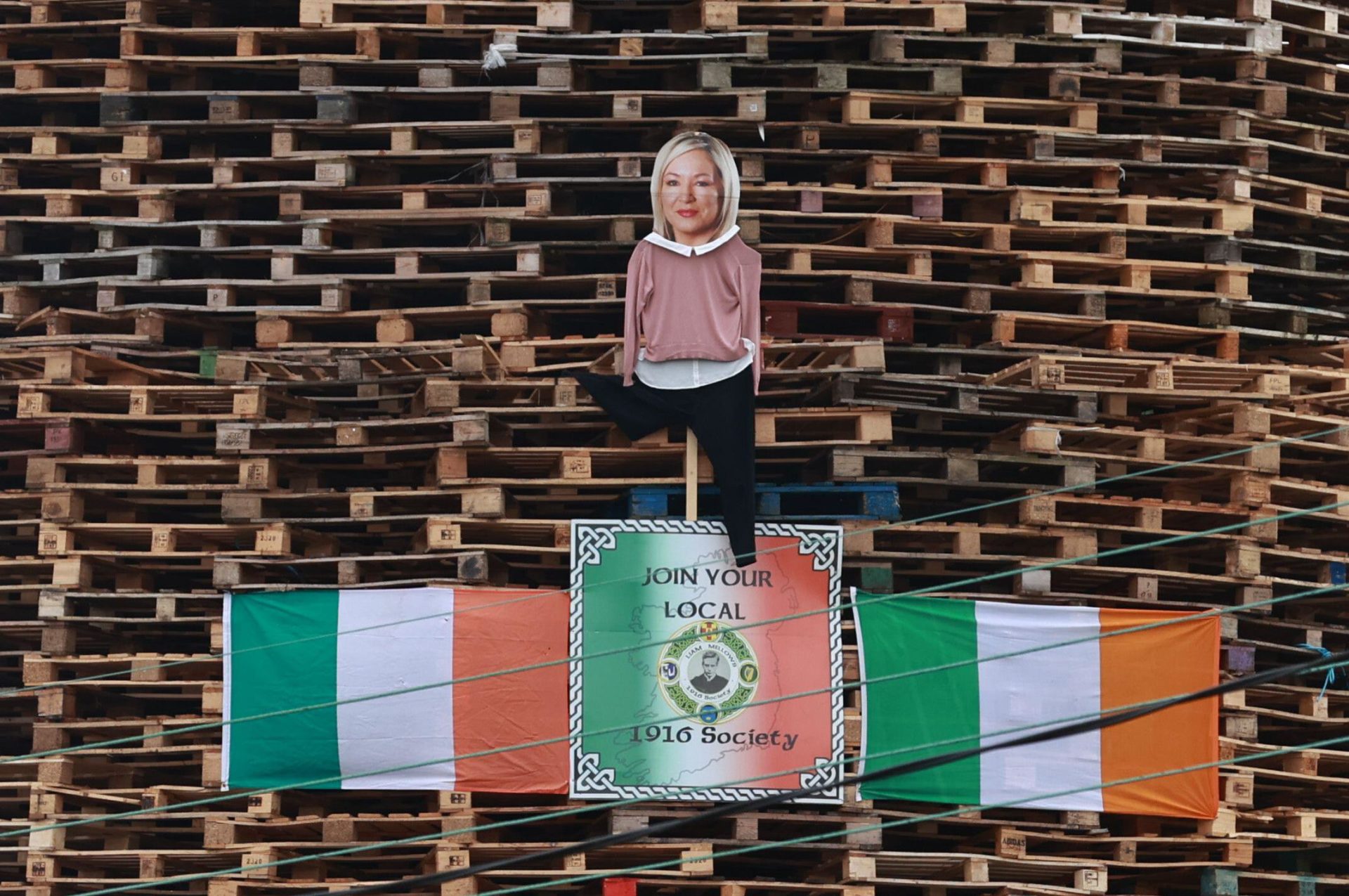 A effigy of Sinn Fein Vice President Michelle O'Neill on the Eastvale Avenue bonfire in Dungannon, on the Eleventh night to usher in the Twelfth commemorations.