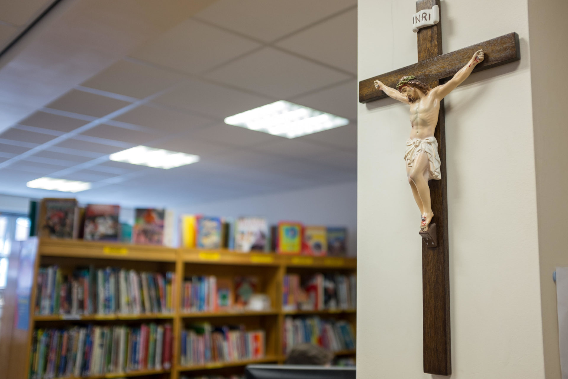 Crucifix in the library of a Catholic school