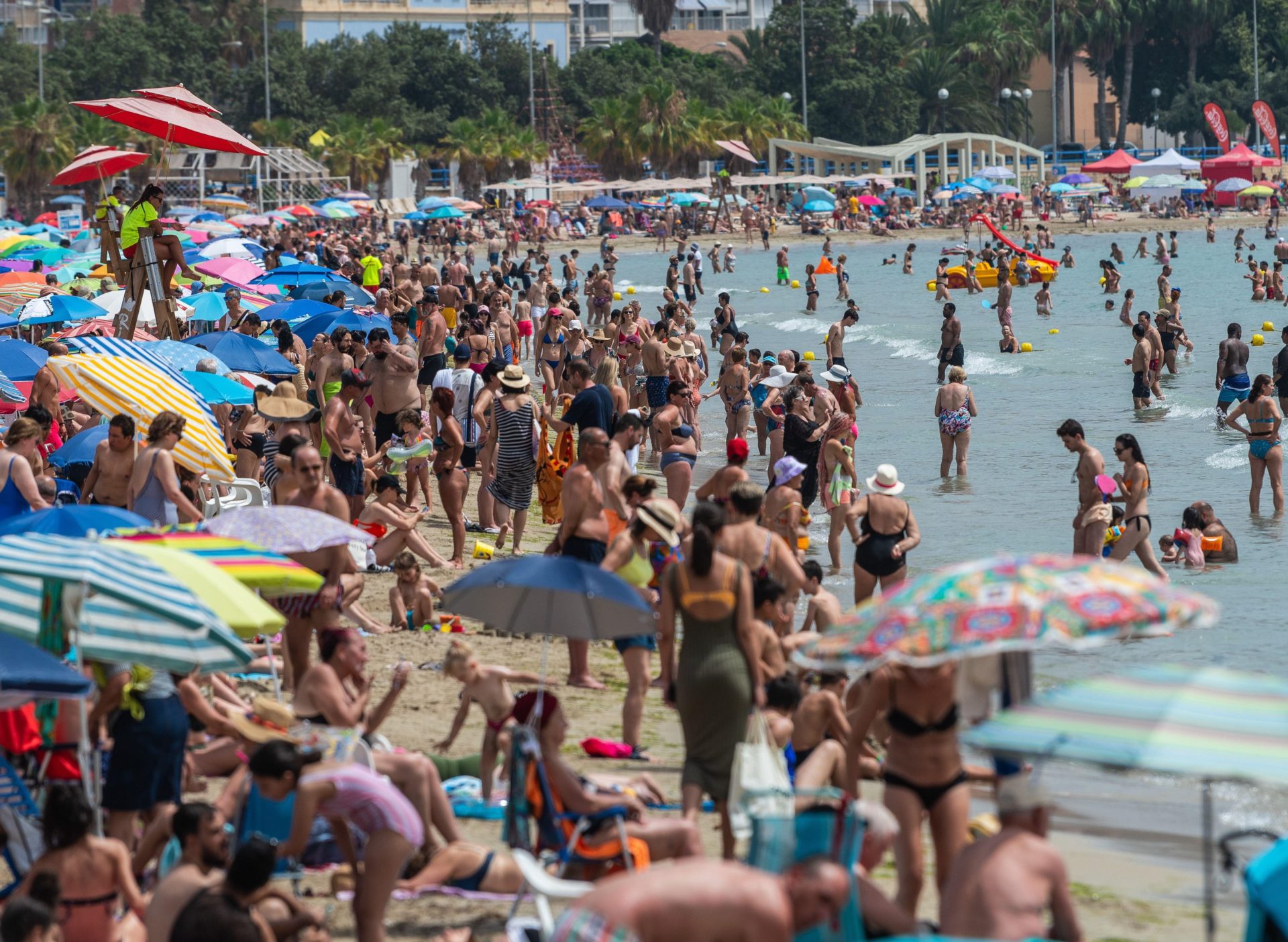 Tourists and locals at El Postiguet Beach in Alicante, Spain on July 9th, 2023 as temperatures reached as high as 45° Celsius in some areas.