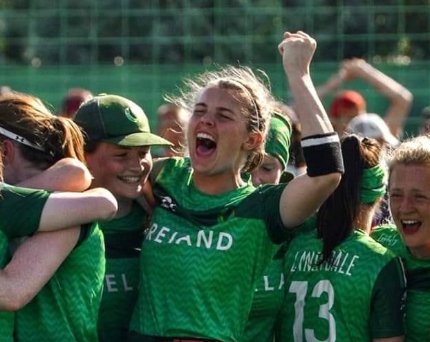 Ultimate Frisbee Irish Women's team player Jessica Chambers celebrating.