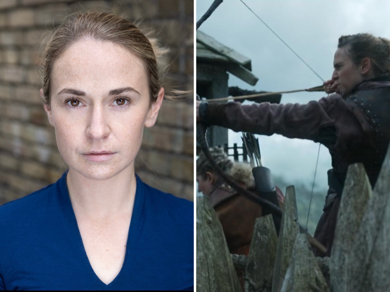Splitscreen of Niamh Hogan, one in her daily life and the other as an archer in Vikings: Valhalla. 