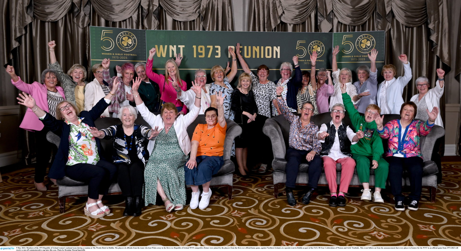  5 May 2023; Members of the 1973 Republic of Ireland women's national team during a reunion at The Westin Hotel in Dublin. The players & officials from the team who beat Wales away in the first ever Republic of Ireland WNT competitive fixture were joined by the players from the first ever official home game, against Northern Ireland, at a special event in Dublin as part of the FAI's 50-Year Celebrations of Women and Girls' Football,. This event follows on from the announcement that every player to feature for the WNT in an official game from 1973-2023 will receive a one-off commemorative cap later this year. Photo by Brendan Moran/Sportsfile