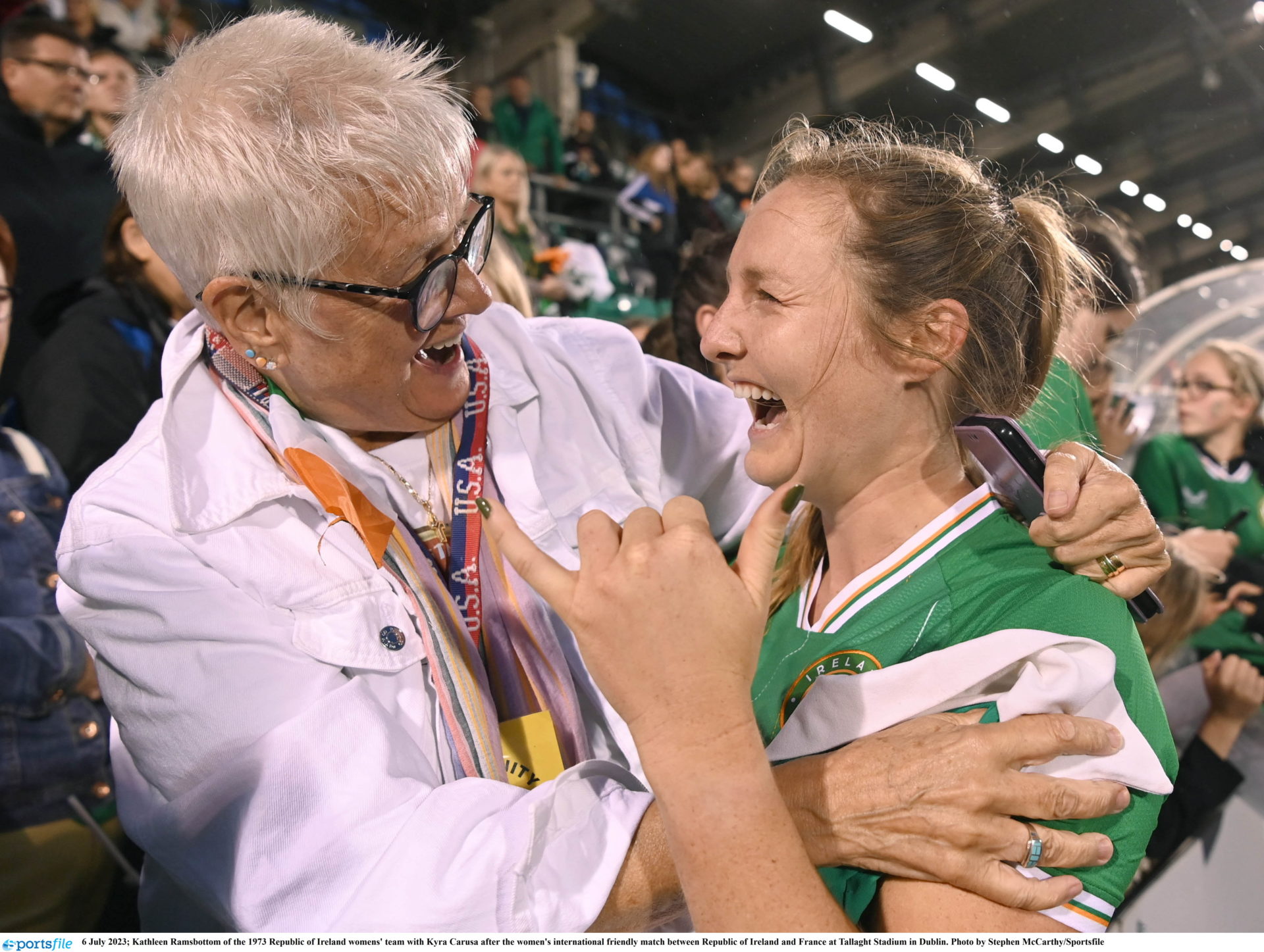 Kathleen Ramsbottom of the 1973 Republic of Ireland womens' team with Kyra Carusa after the women's international friendly match between Republic of Ireland and France at Tallaght Stadium in Dublin. 