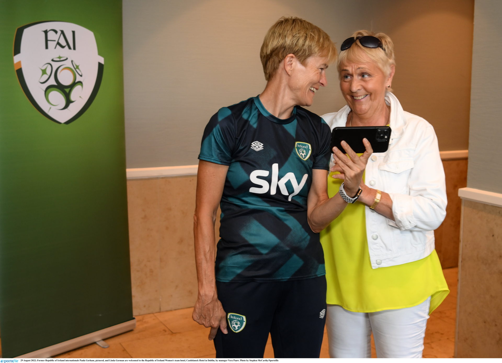 Former Republic of Ireland internationals Paula Gorham welcomed to the Republic of Ireland Women's team hotel, Castleknock Hotel in Dublin, by manager Vera Pauw.