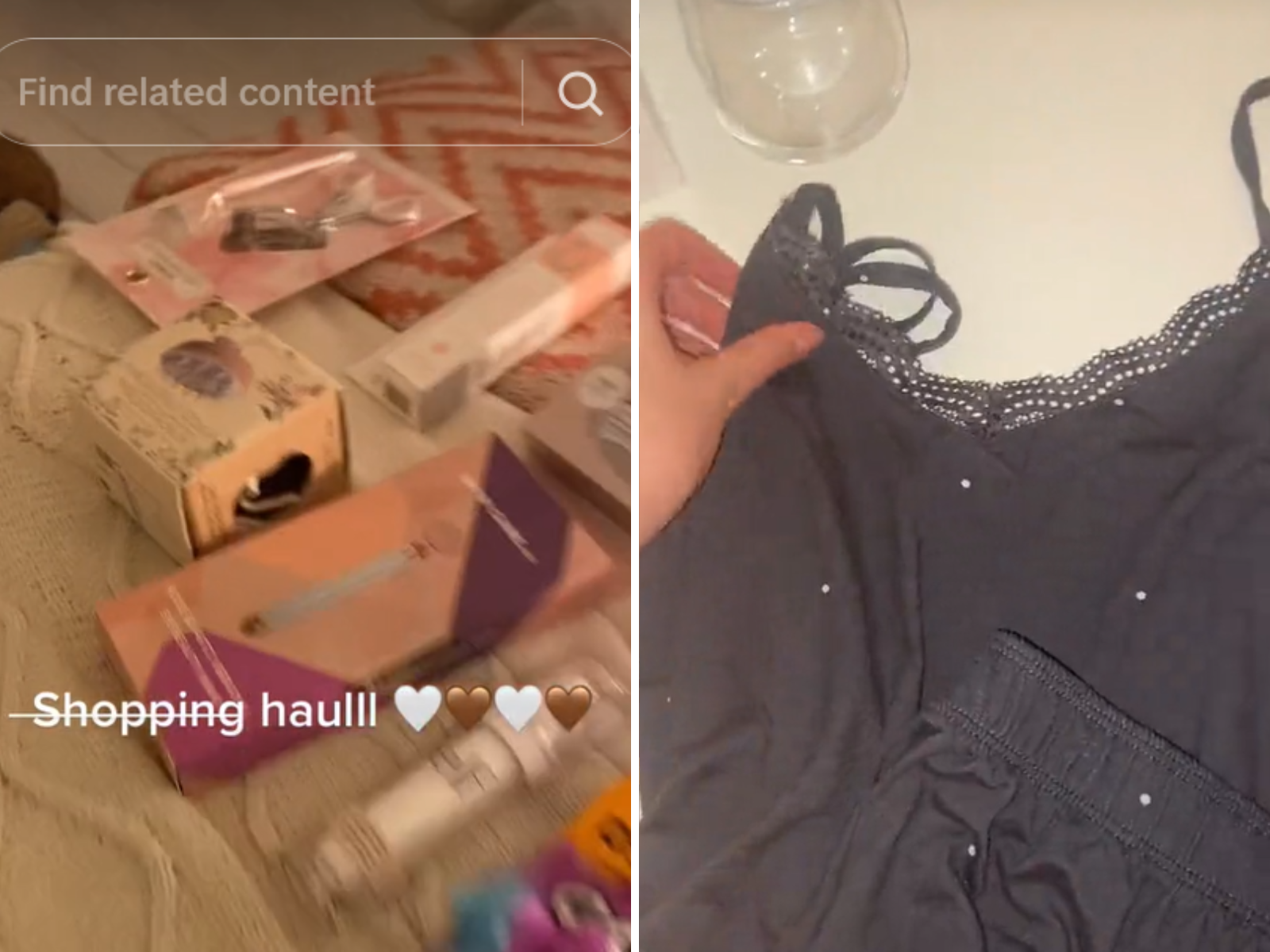 Splitscreen of an anonymous account taking part in the TikTok shoplifting trend.