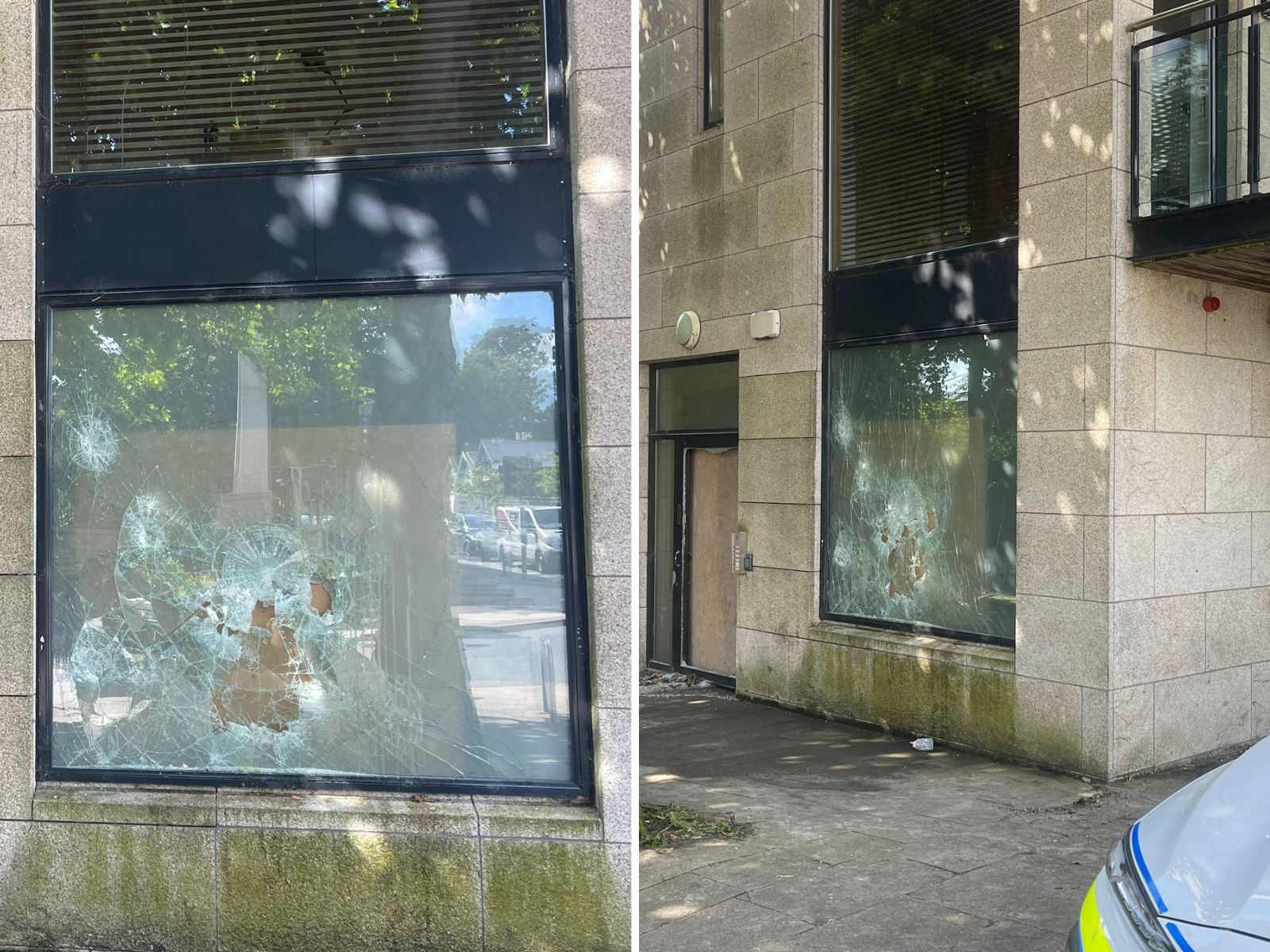 Split-screen image shows broken glass in windows and doors of a building in Ballybrack in south Dublin
