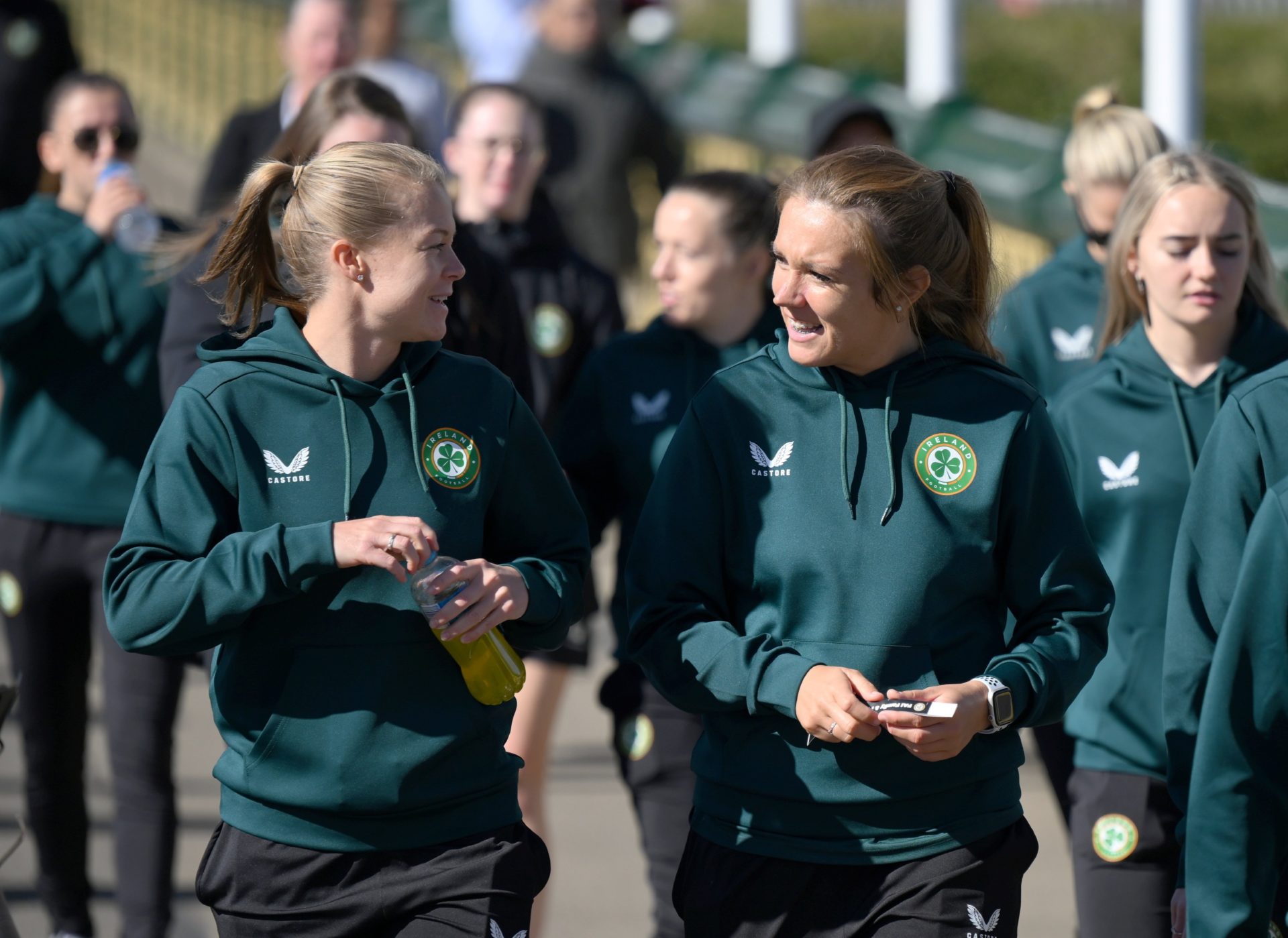 Republic of Ireland goalkeeper Grace Moloney, right, and Ruesha Littlejohn on the Pyrmont Bridge during a team walk ahead of the FIFA Women's World Cup 