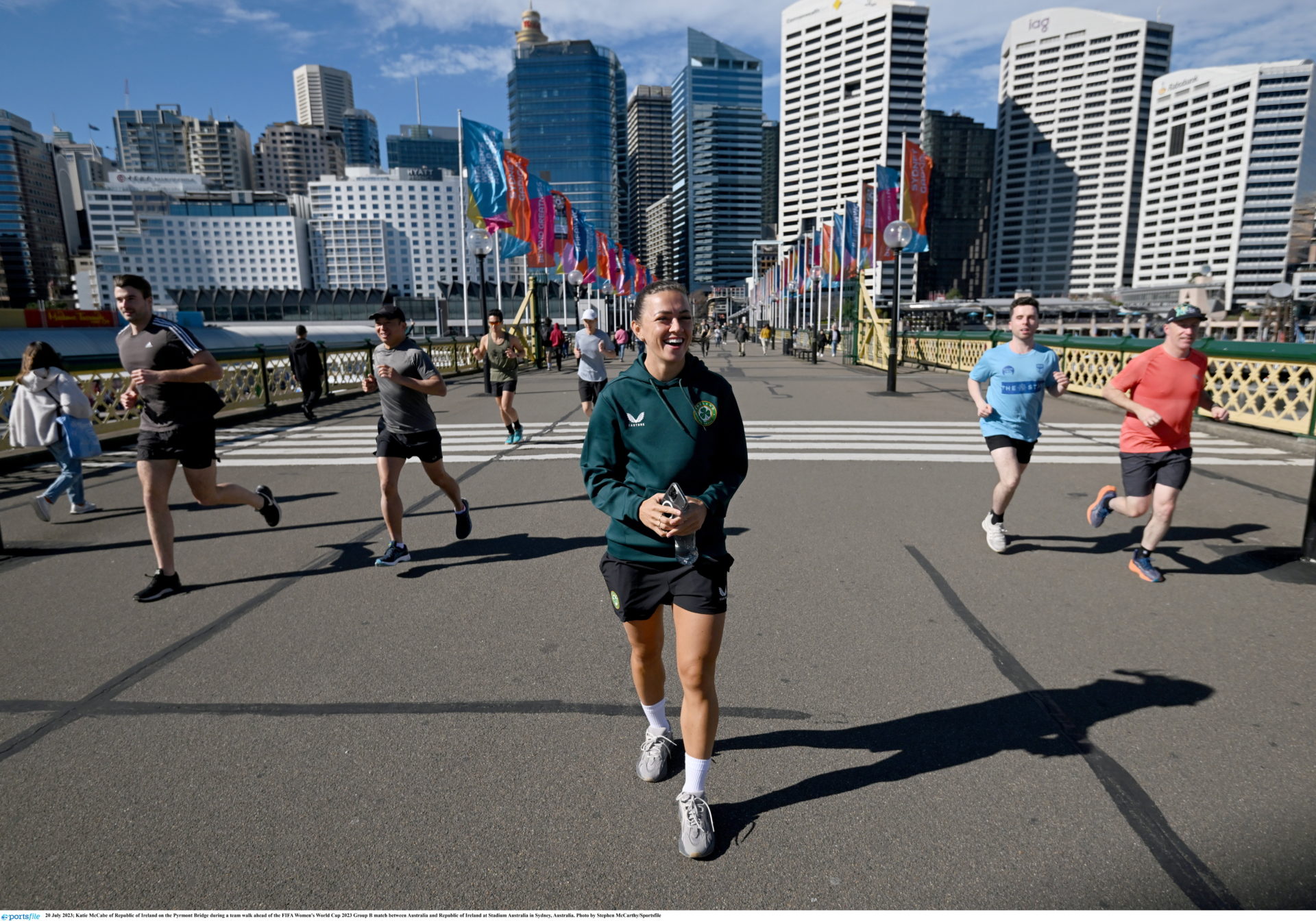 Katie McCabe on the Pyrmont Bridge during a team walk ahead of the FIFA Women's World Cup 2023 match against Australia