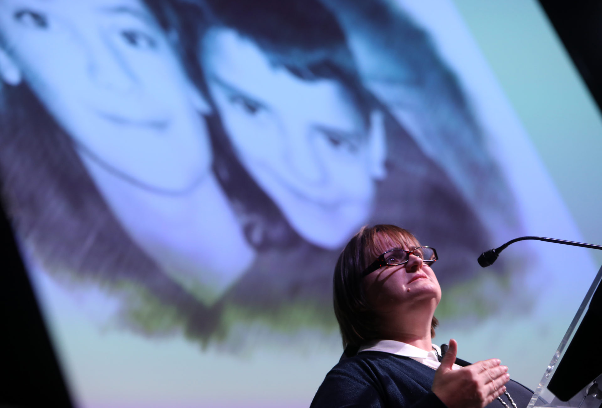 Kathleen Chada(L), mother of Eoghan and Ruairi Chada who were murdered by her husband Sanjeev Chada speaking at the Safe World Summit opening ceremony at Mansion House. 