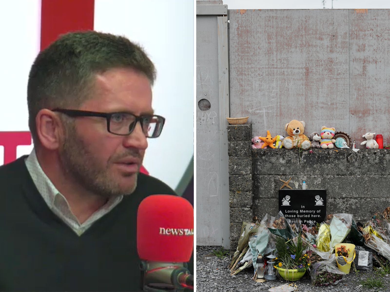 Split-screen image shows Daniel MacSweeney in Newstalk studios, and the site of the former Mother and Baby Home in Tuam, Co Galway