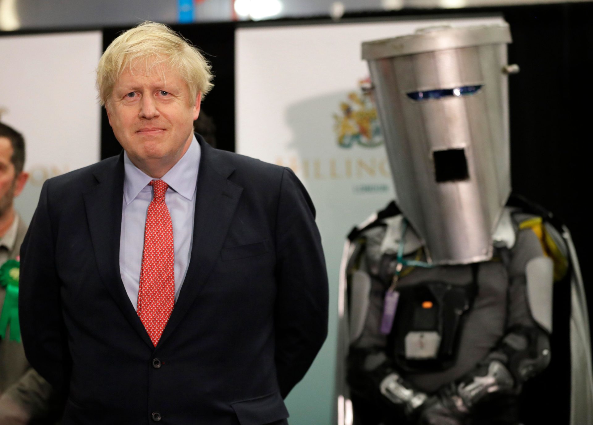 Independent candidate Count Binface stands with Boris Johnson in the Uxbridge and South Ruislip constituency in London, England in December 2019