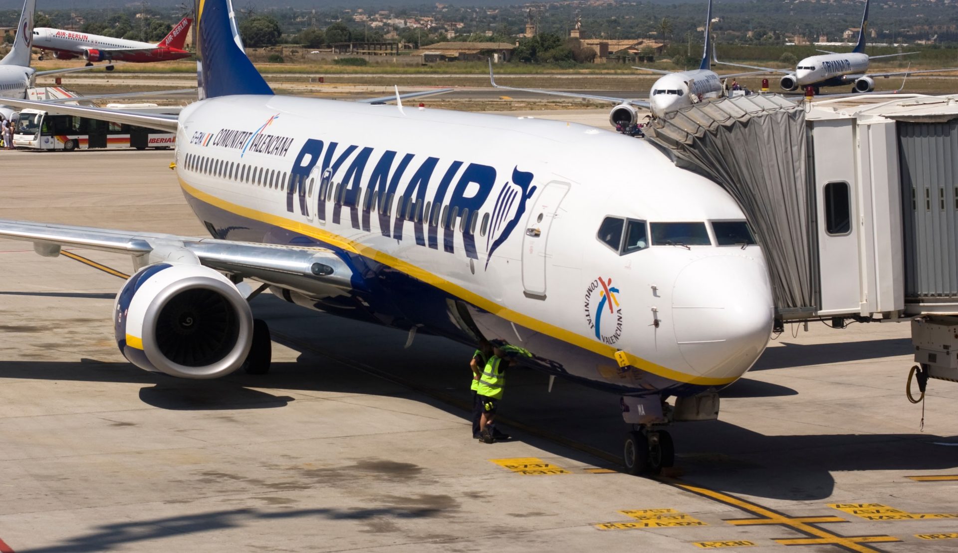 A Ryanair plane, known for its cheap flights, on an airway