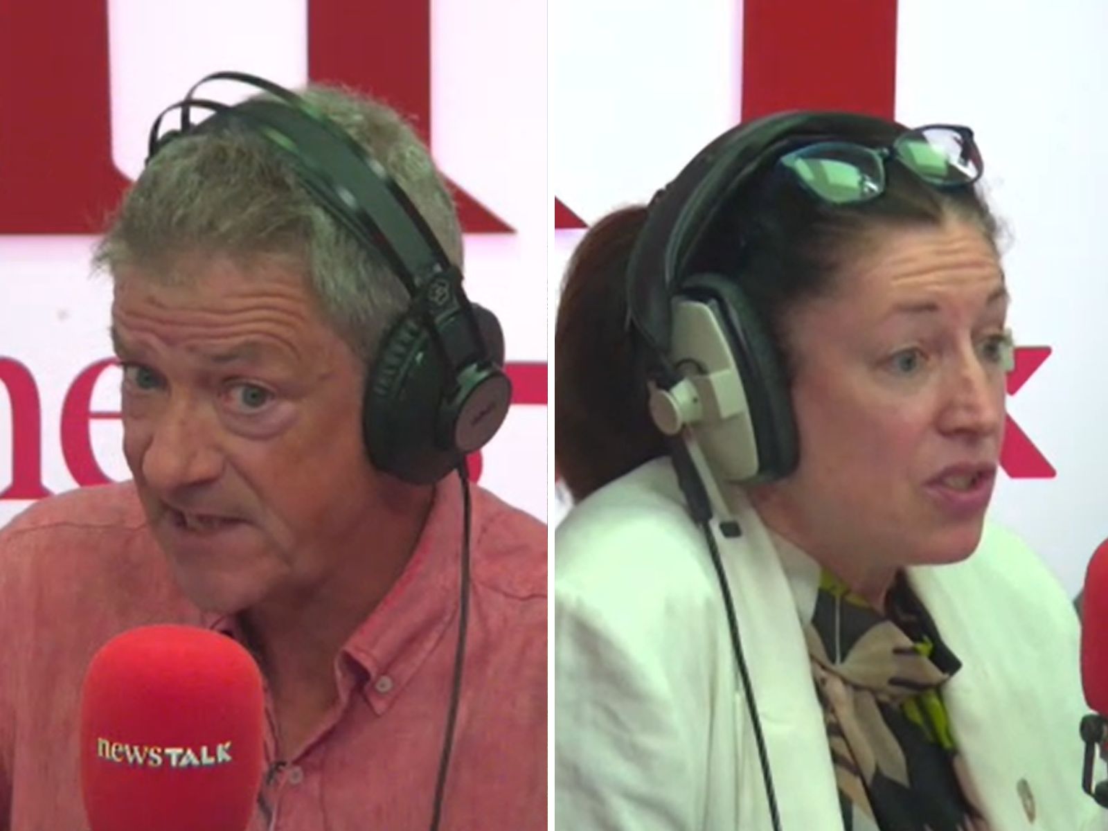Split-screen image shows Conor Faughnan and Sadhbh O'Neill speaking on The Pat Kenny Show in Newstalk studios.