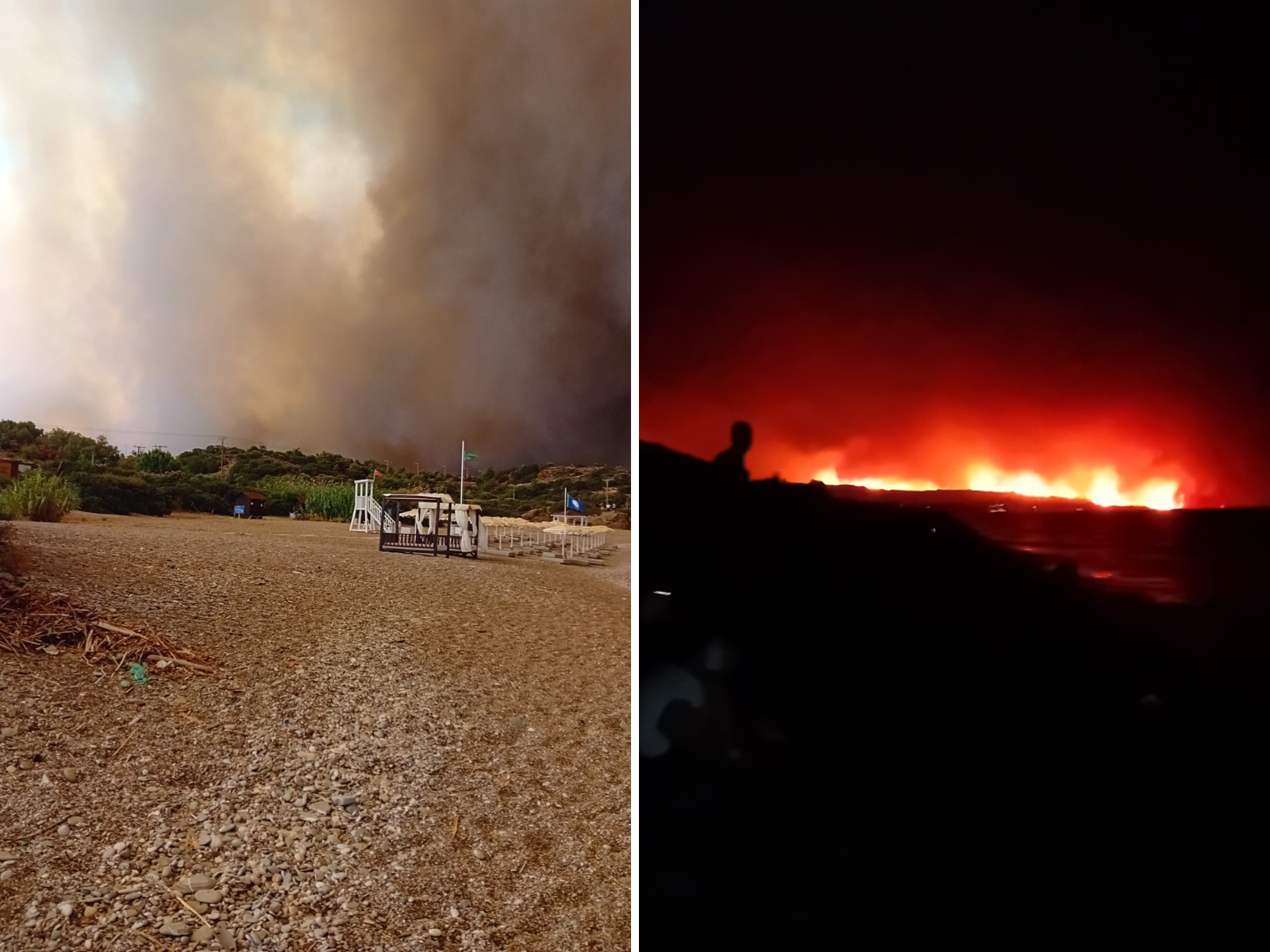 Splitscreen of the smoke and fire on the beaches of Rhodes, Greece, during the day and later at night. Photos via Bridget Davison.