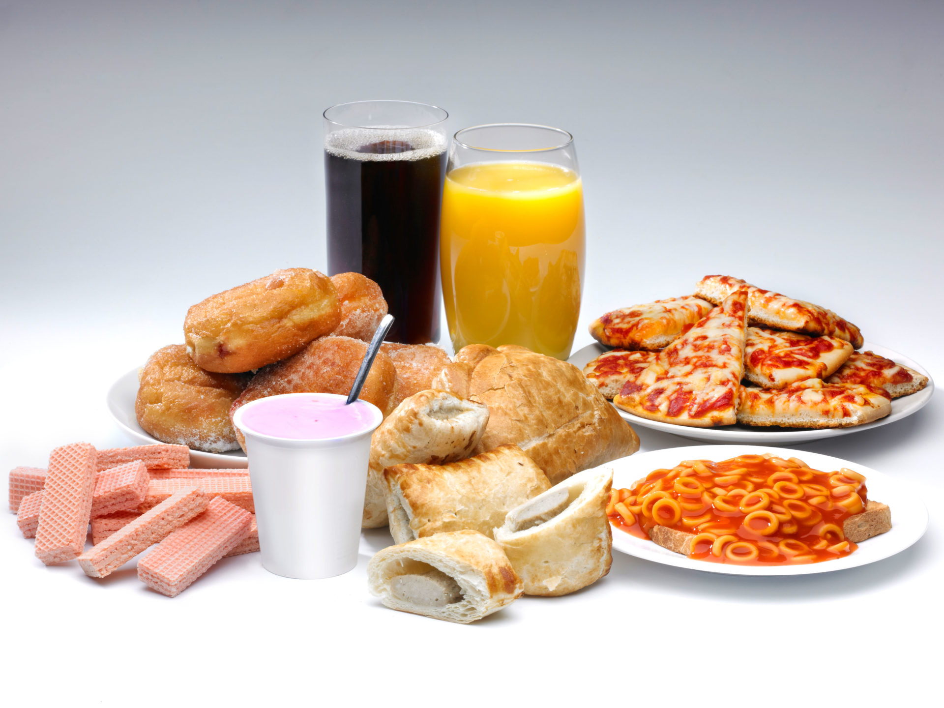 A selection of processed food and drink.