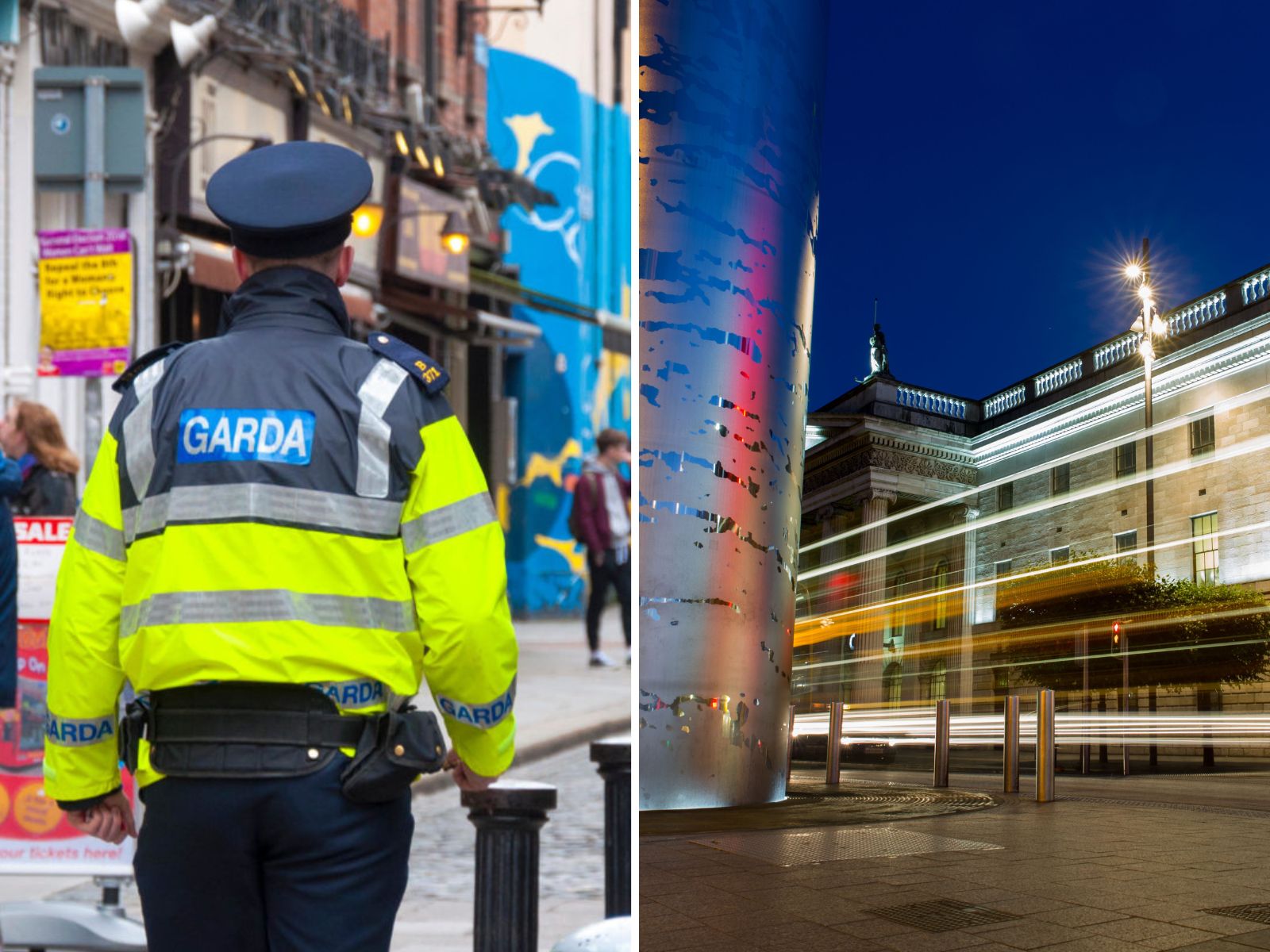 Split-screen image shows a Garda on patrol in Dublin, and the GPO on O'Connell Street