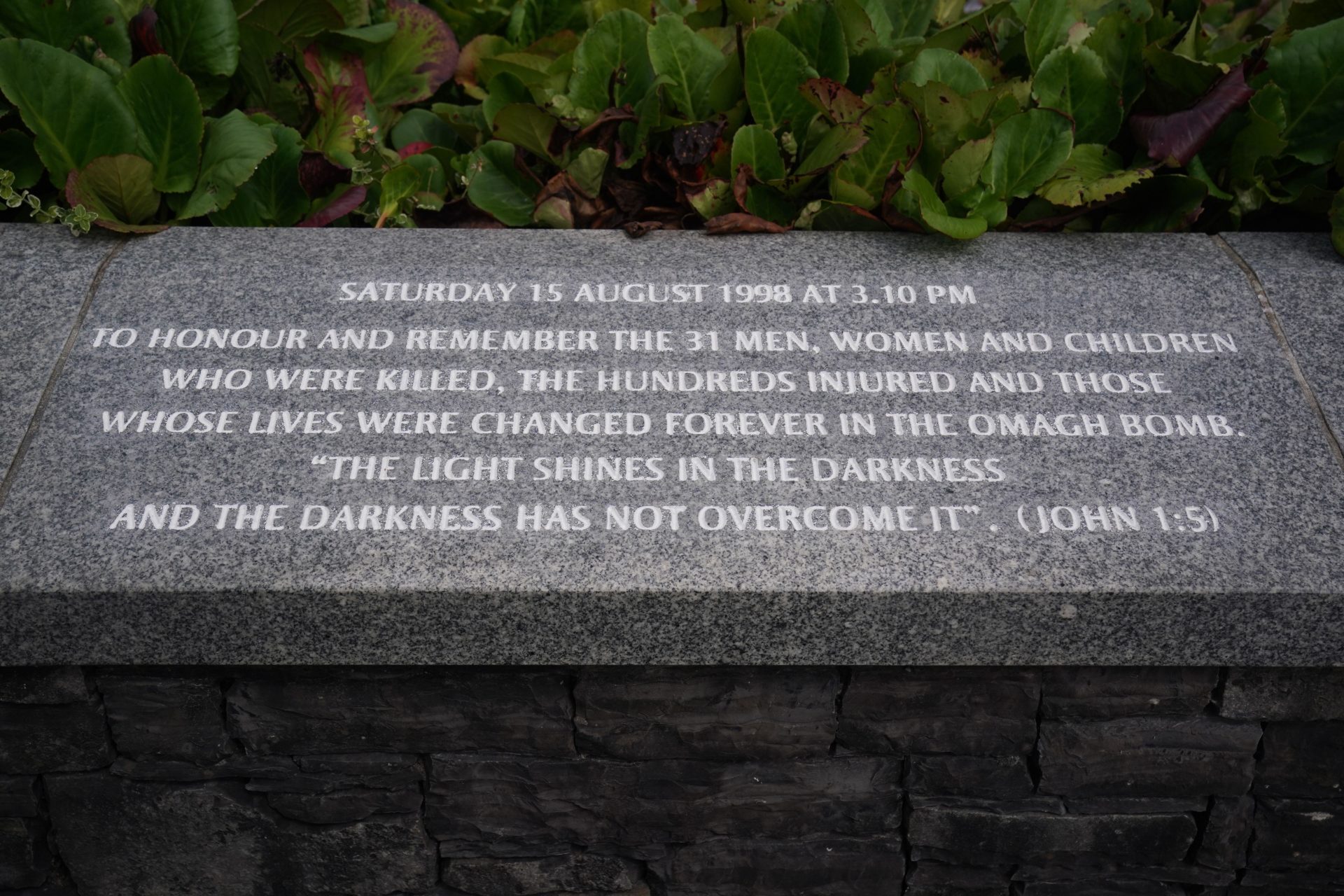 A memorial plaque at the service to mark the 25th anniversary of the bombing in Omagh in 1998, at the Memorial Gardens in Omagh, Co Tyrone.