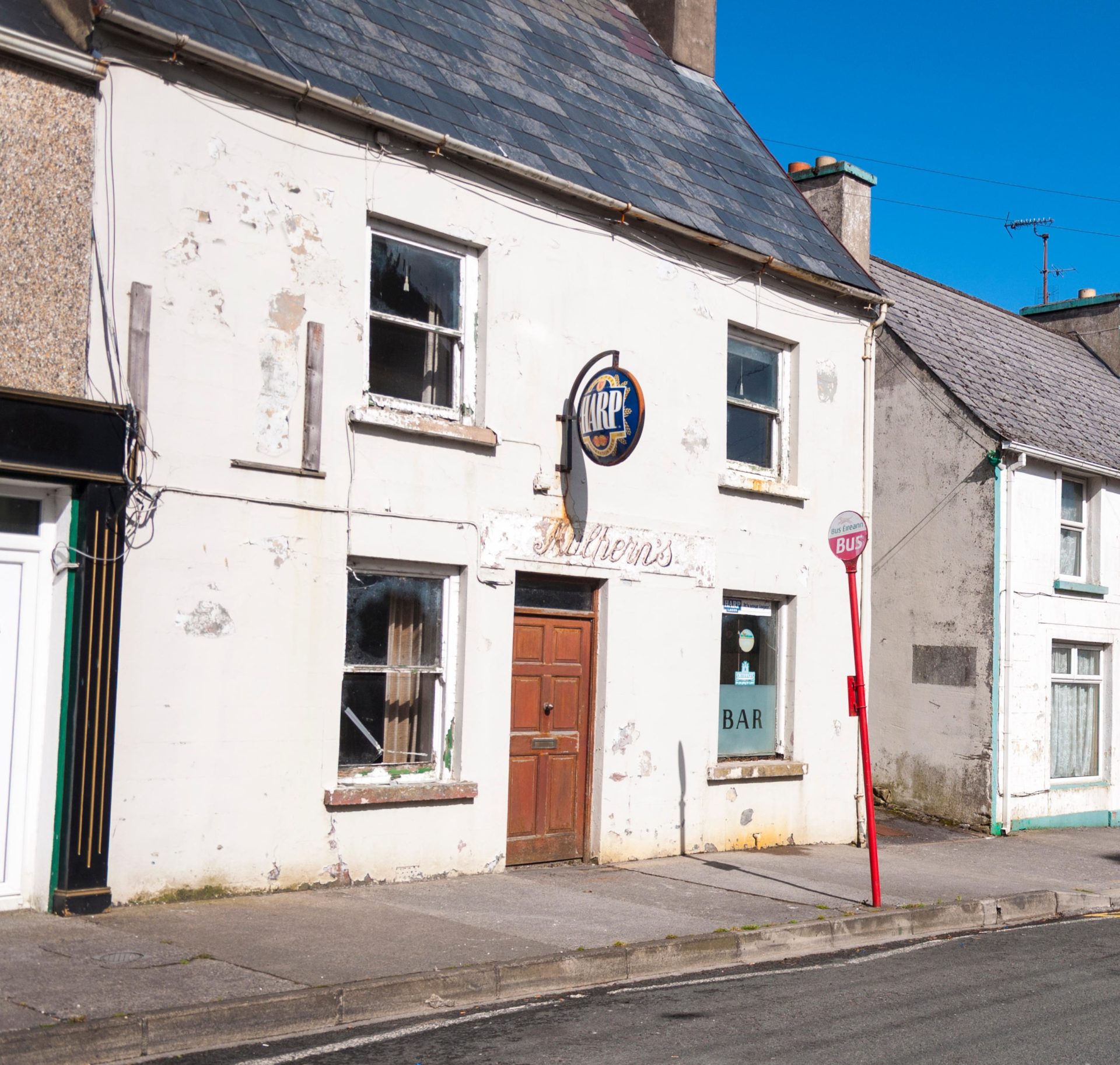 A closed bar is seen on Main Street in Mountcharles, Co Donegal in April 2016