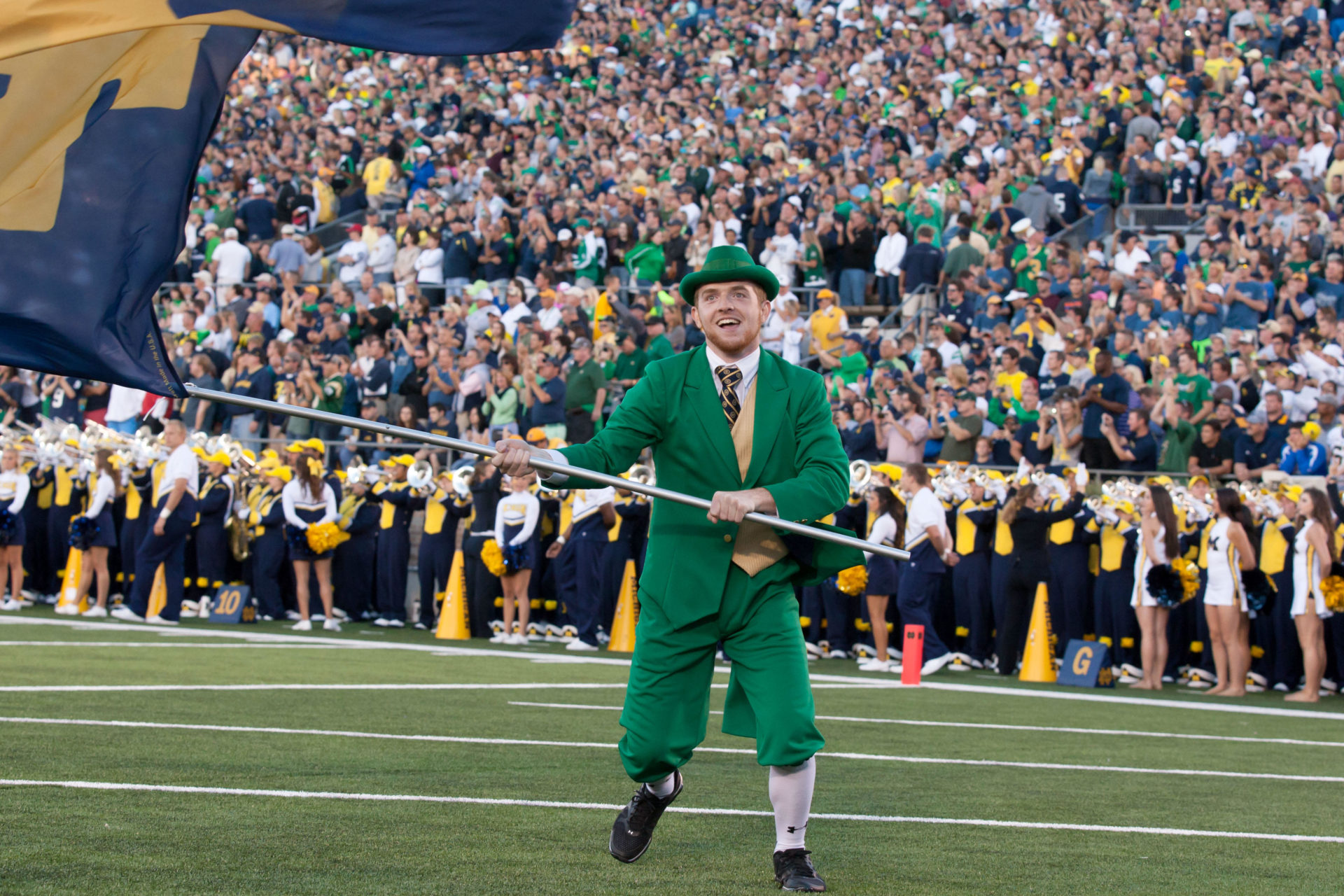 The Notre Dame leprechaun waves the Notre Dame flag prior to the game against Michigan.