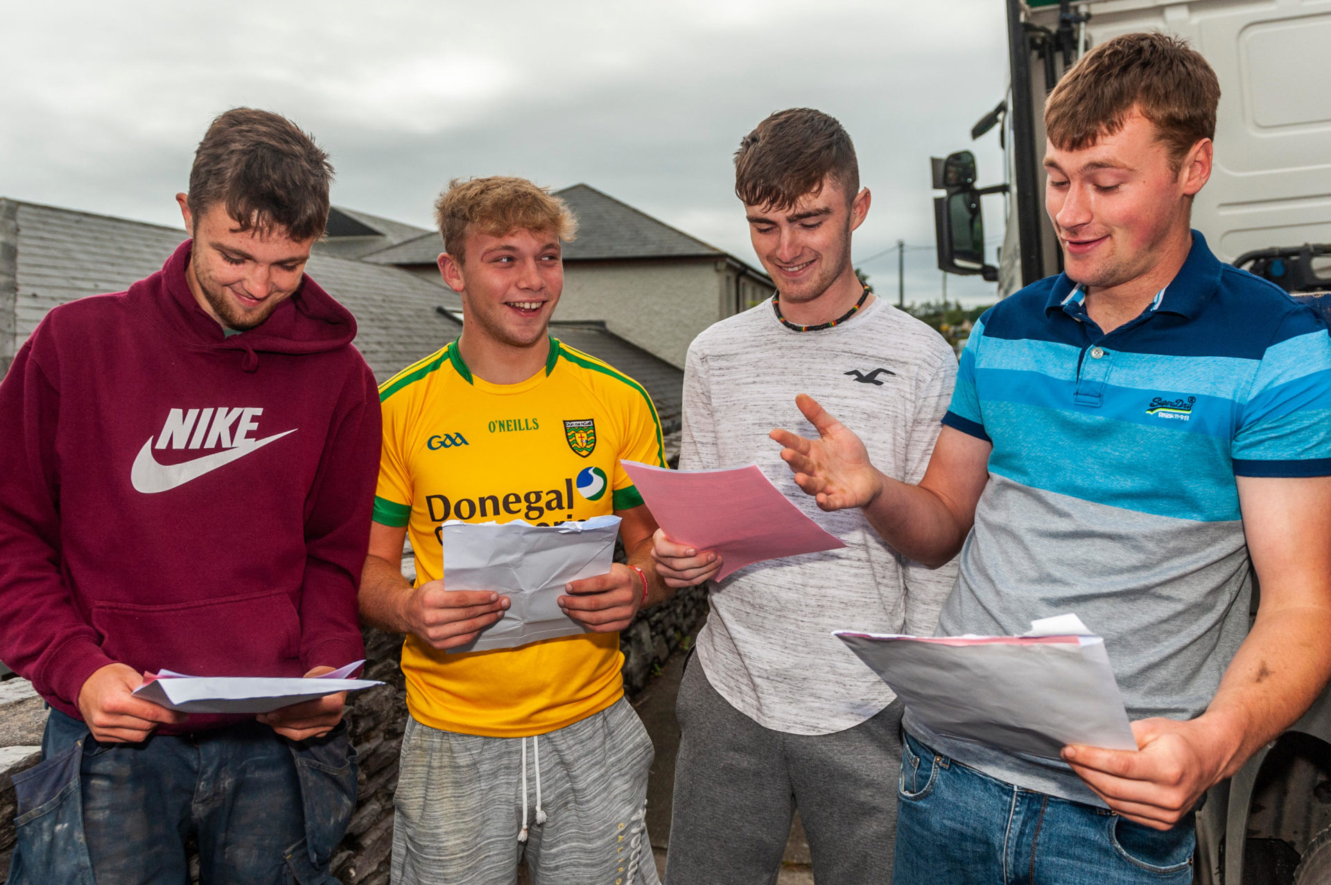Students Andrew O'Connor, Jamie O'Driscoll, Aidan McCarthy, and Kieran O'Driscoll receiving their Leaving Cert results at Schull Community College in Cork in 2019.