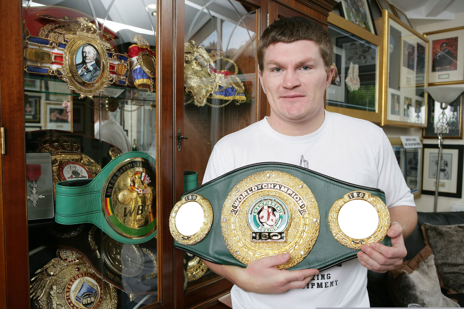 Ricky Hatton at home with his IBO World Championship belt in August 2007. 