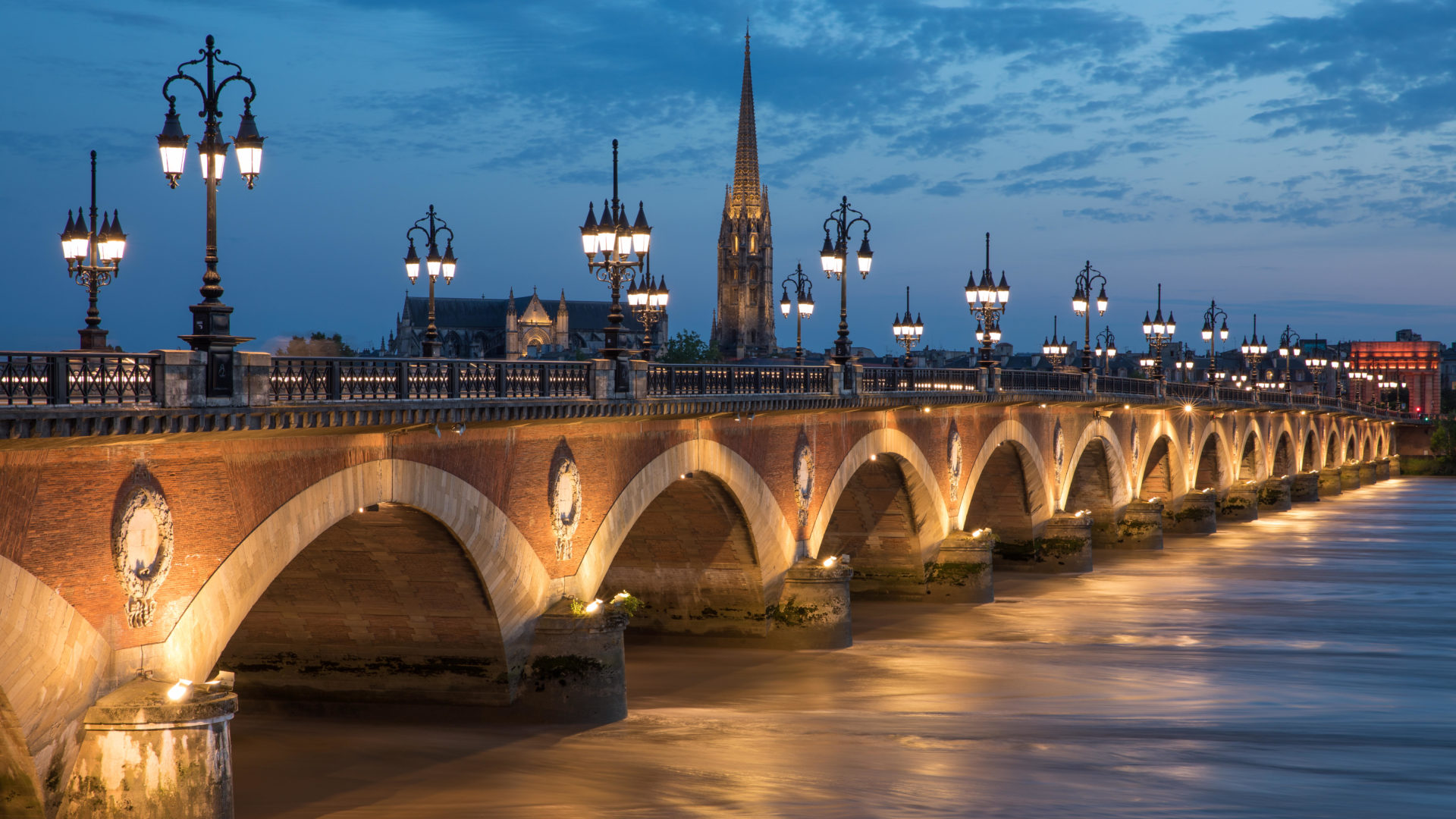 The Pont de Pierre spanning the River Garonne in Bordeaux, France in April 2017