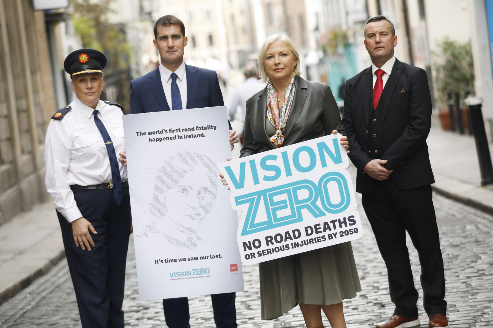 Assistant Garda Commissioner Paula Hillman, Minister of State at the Department of Transport Jack Chambers, RSA chairperson Liz O'Donnell and RSA CEO Sam Waide at the launch of the 'Vision Zero' in Dublin city centre