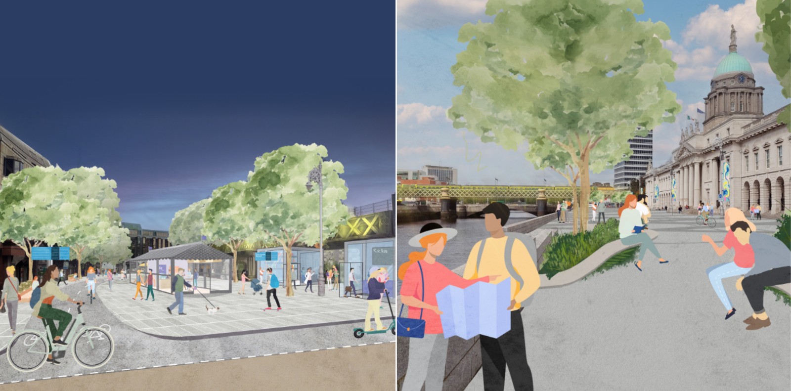 Proposed pedestrian areas at Beresford Place (l) and Custom House Quay (r)