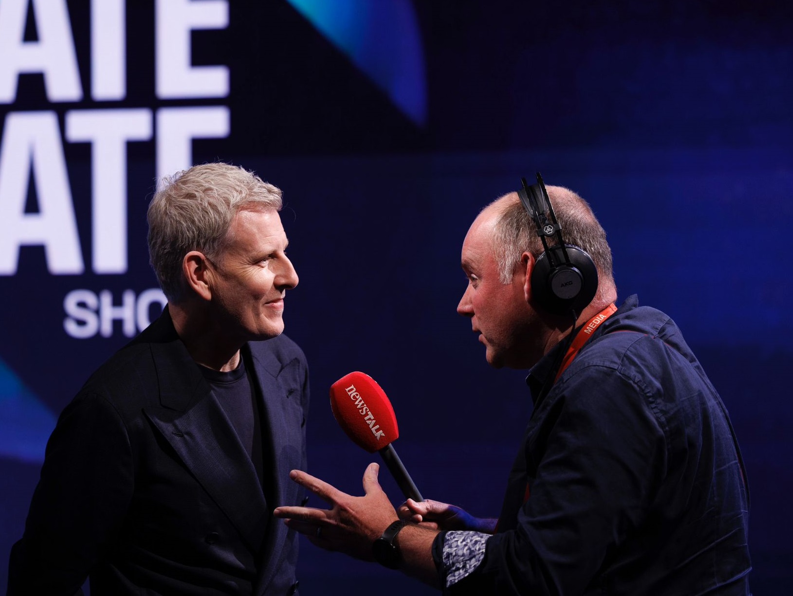 Patrick Kielty talks to Newstalk's Henry McKean on the set of 'The Late Late Show' in RTÉ