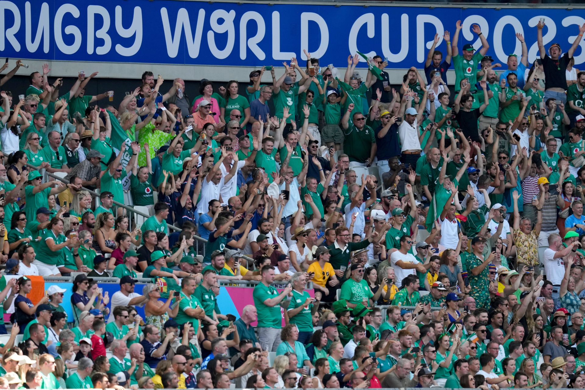 Irish rugby fans at the match between Ireland and Romania at the Stade de Bordeaux in Bordeaux