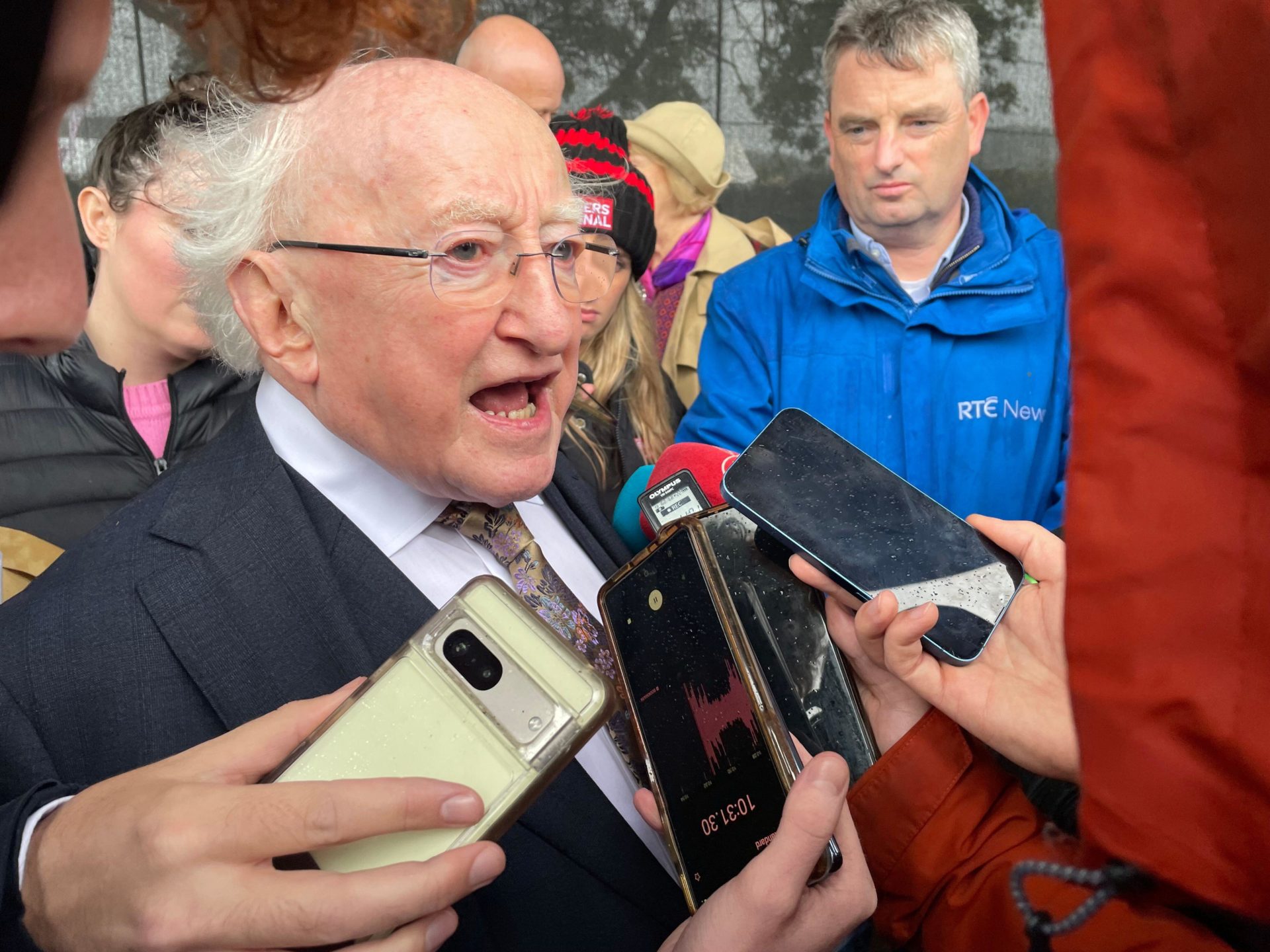President Michael D Higgins speaks to the media about climate change during the National Ploughing Championships at Ratheniska, Co Laois. 