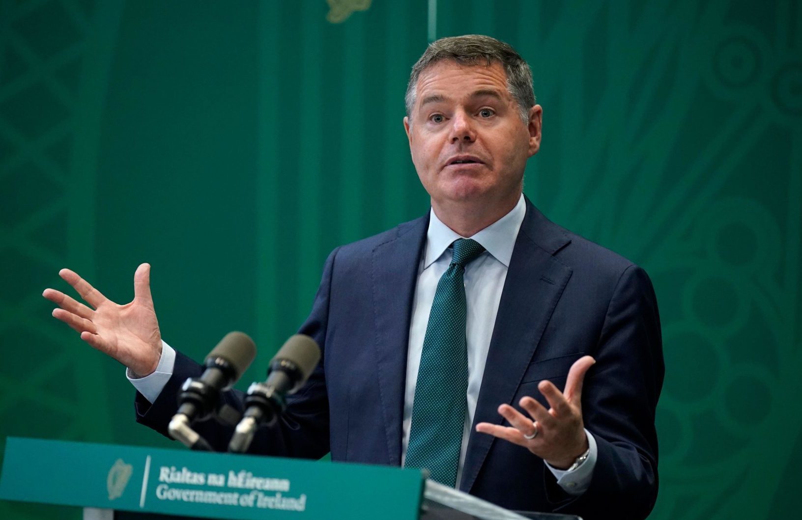 Public Expenditure Minister Paschal Donohoe speaks to the media in the Government Buildings, Dublin at the launch of the Public Service Apprenticeship Plan. Picture date: Tuesday August 15, 2023.