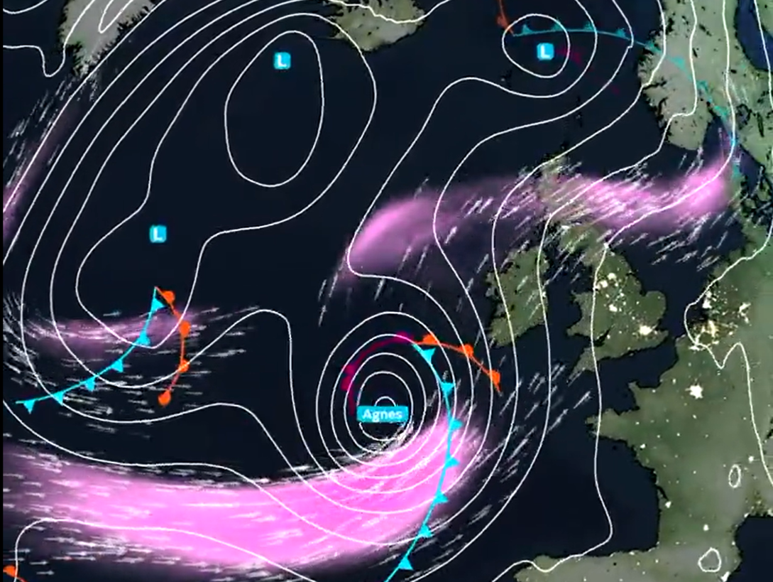 A jet stream (shown in pink) will help to deepen Storm Agnes as she approaches Ireland