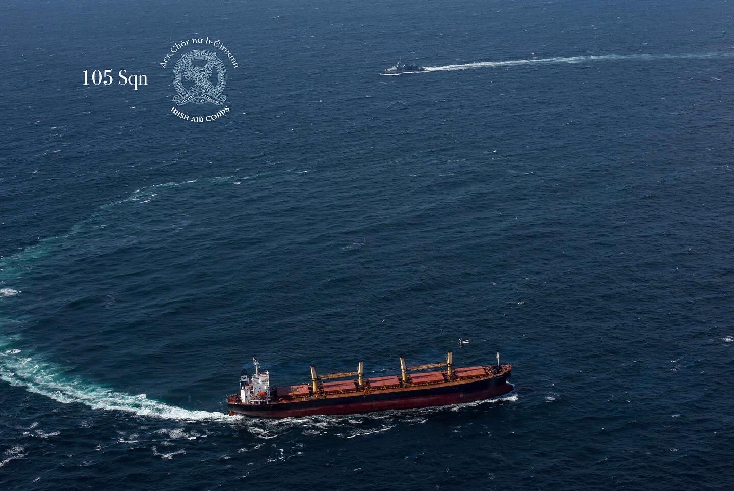 An Irish Naval Vessel circles the Panama-registered MV Matthew off the Irish coast