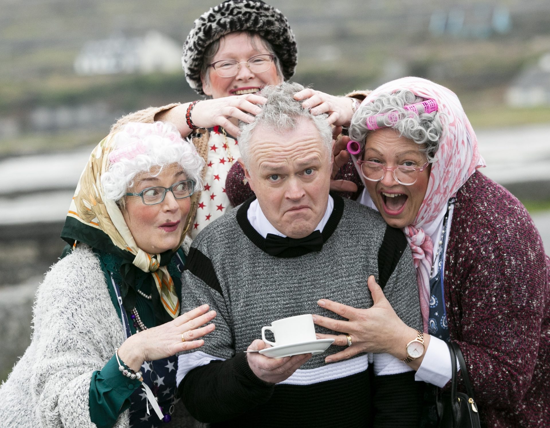 Patrick McDonnell, who played Eoin McLove with (L to R) Carmel Condon, Ann Clarke and Linda Lynch at TedFest 2023 on Inis Mór