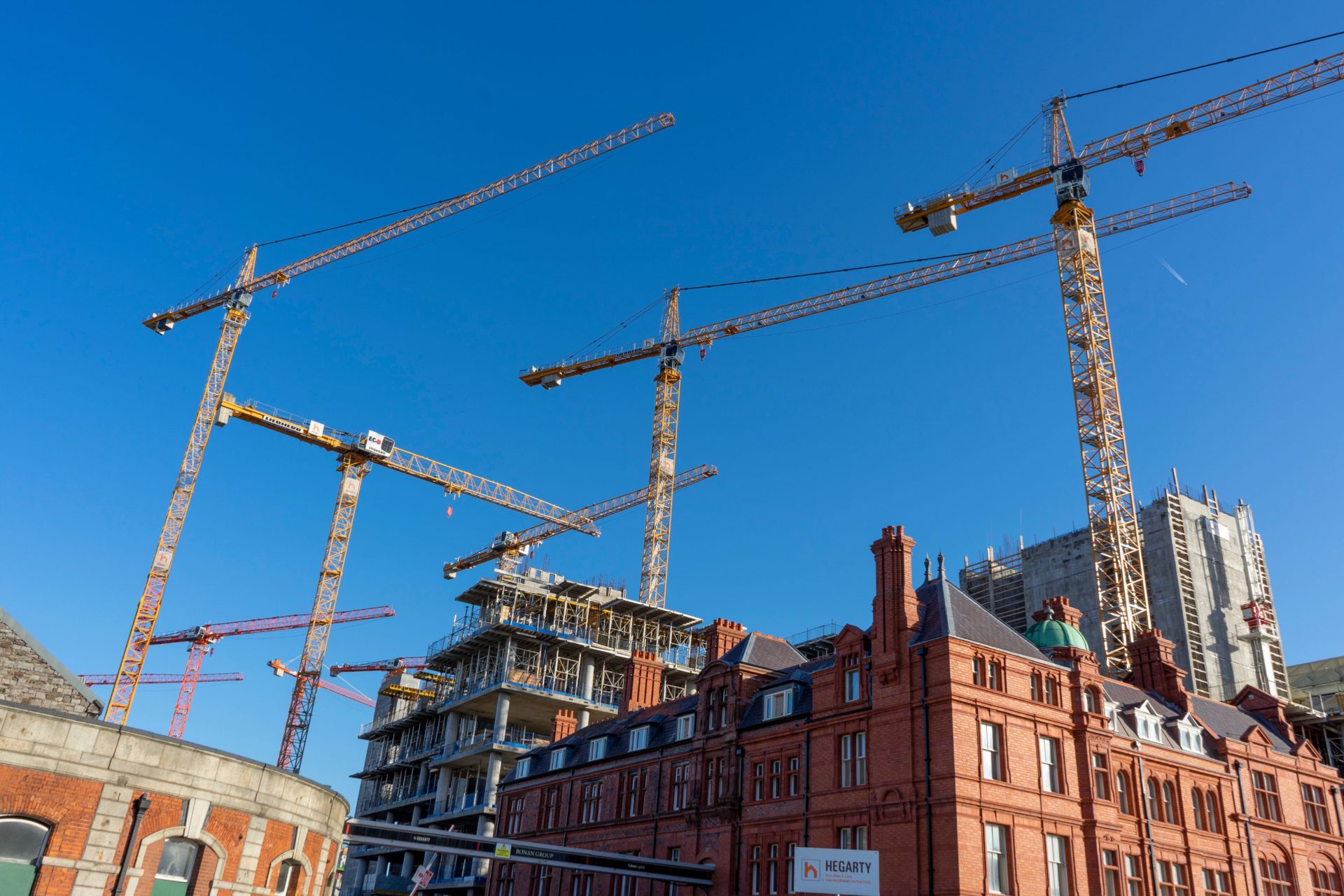 Cranes showing construction boom in Dublin City Centre.