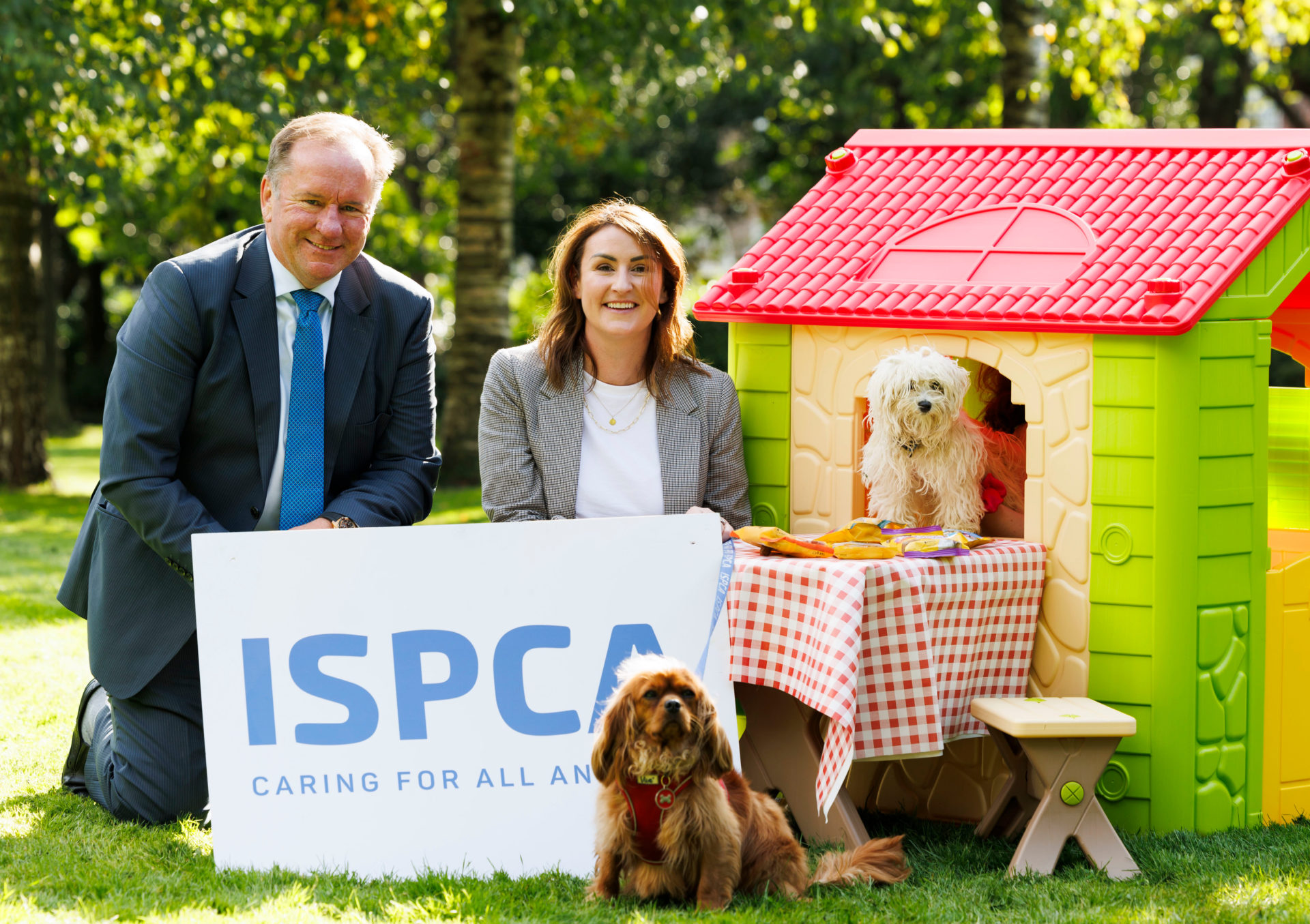 ISPCA Chief Dr Cyril Sullivan and Mars Petcare spokesperson Louise Robinson with their furry friends at the ISPCA launch.
